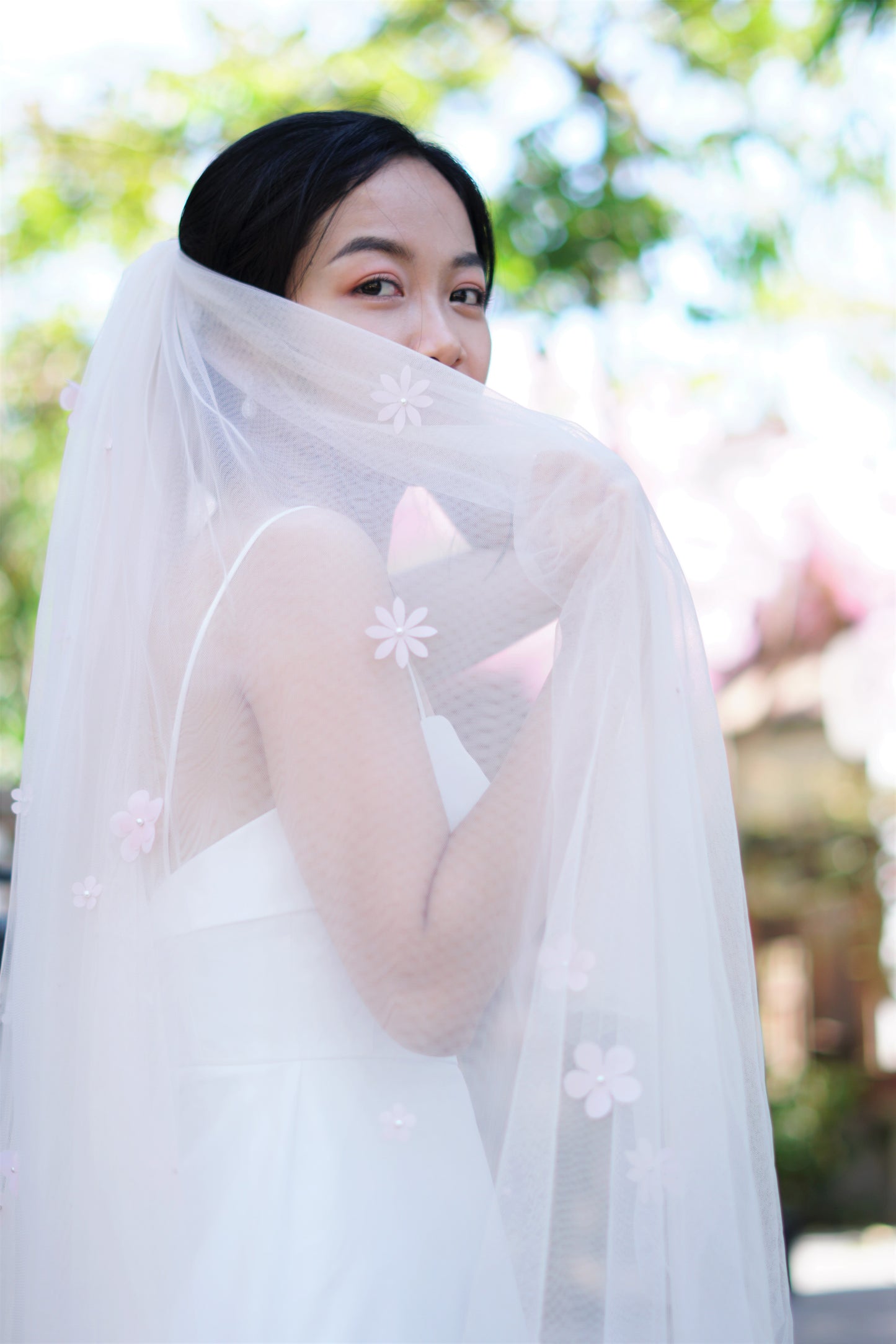 2-Layer White Wedding Veil with Pink Flowers-Chapel Length