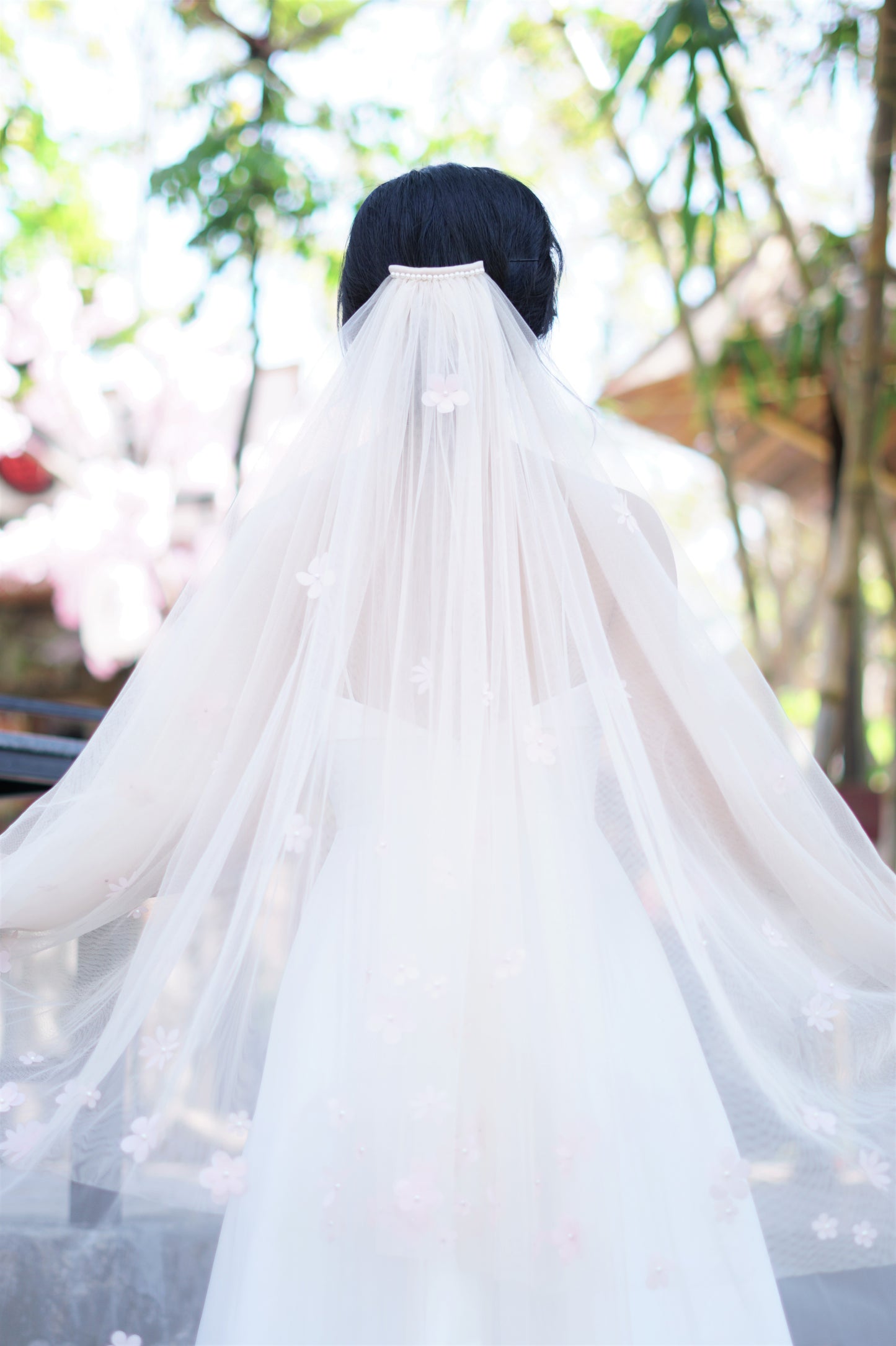 2-Layer White Wedding Veil with Pink Flowers-Chapel Length