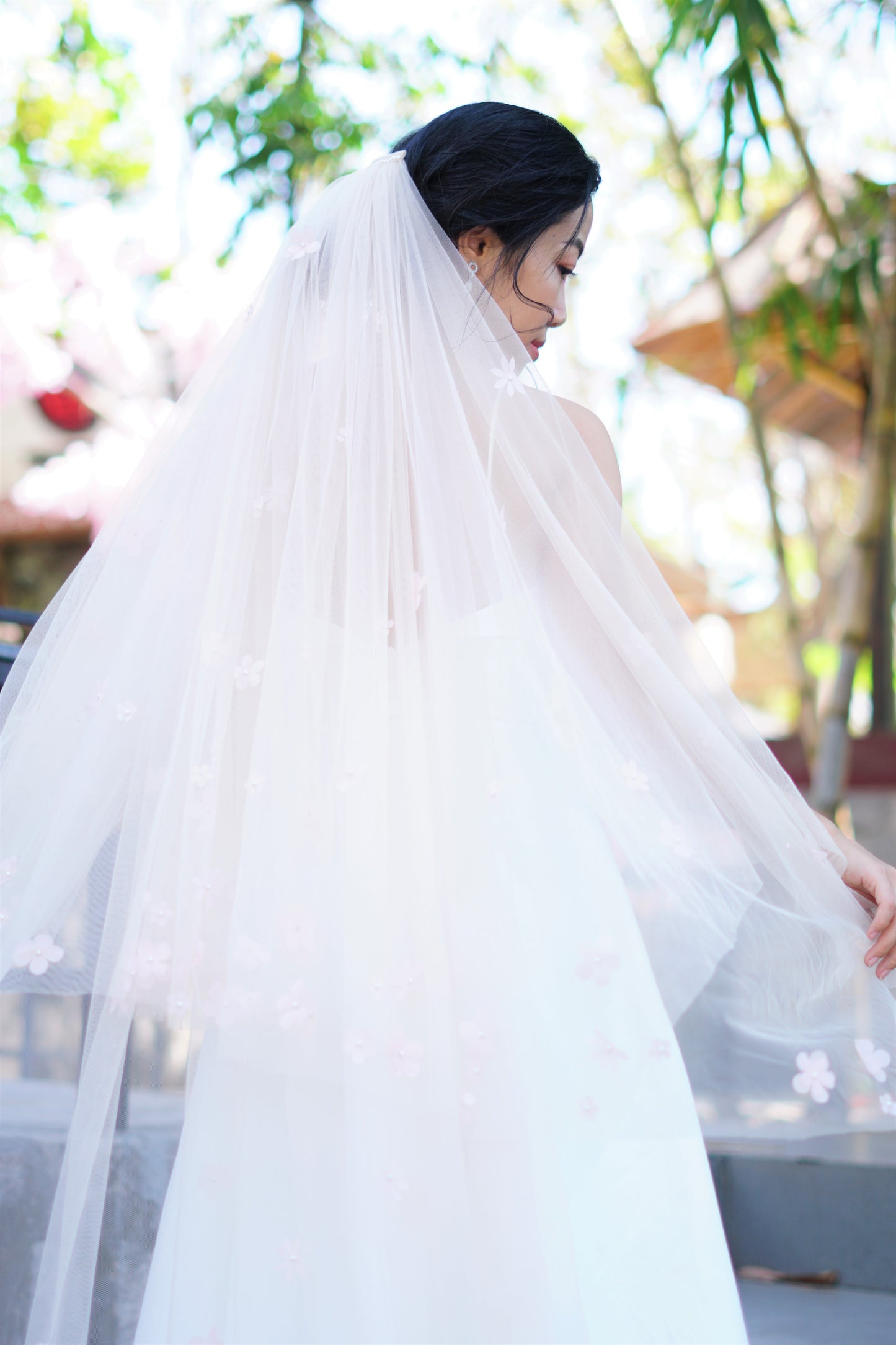 2-Layer White Wedding Veil with Pink Flowers-Chapel Length