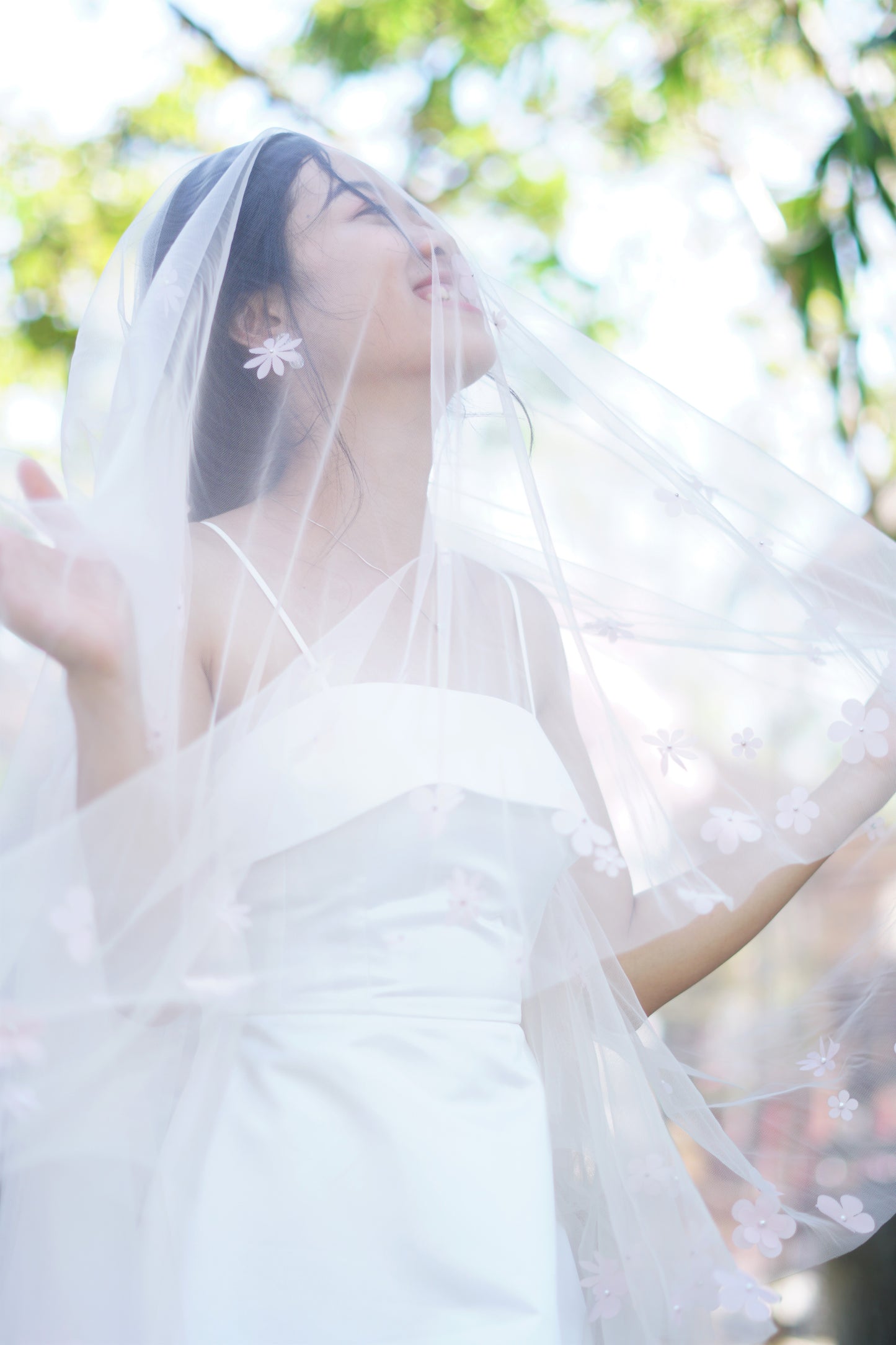 2-Layer White Wedding Veil with Pink Flowers-Chapel Length