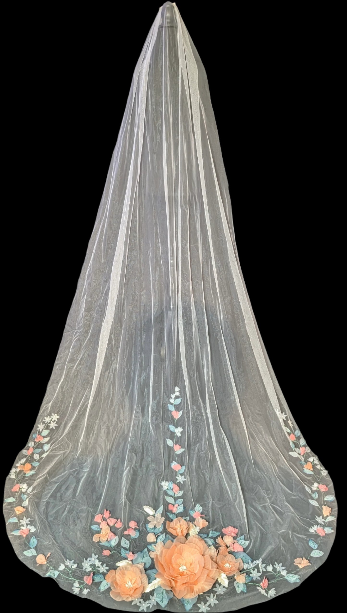 3D Coral Floral Wedding Veil | Best Handmade Bridal Veil with Coral Flowers | Spring Wedding Accessory| Chapel Length