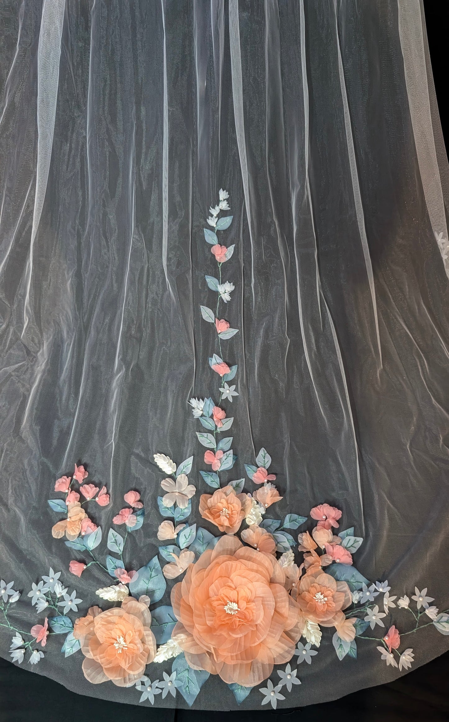 3D Coral Floral Wedding Veil | Best Handmade Bridal Veil with Coral Flowers | Spring Wedding Accessory| Chapel Length