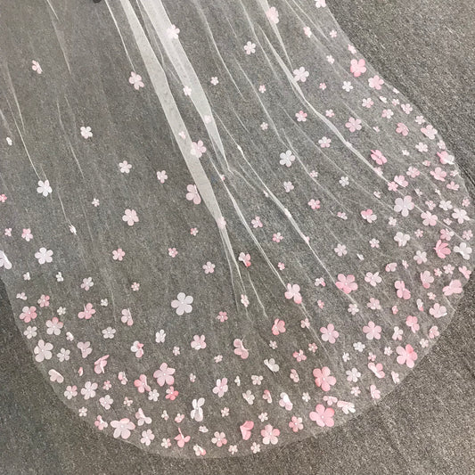 Elegant 3D Pink Flowers Wedding Veil – Handmade Bridal Accessory-Chapel Length
