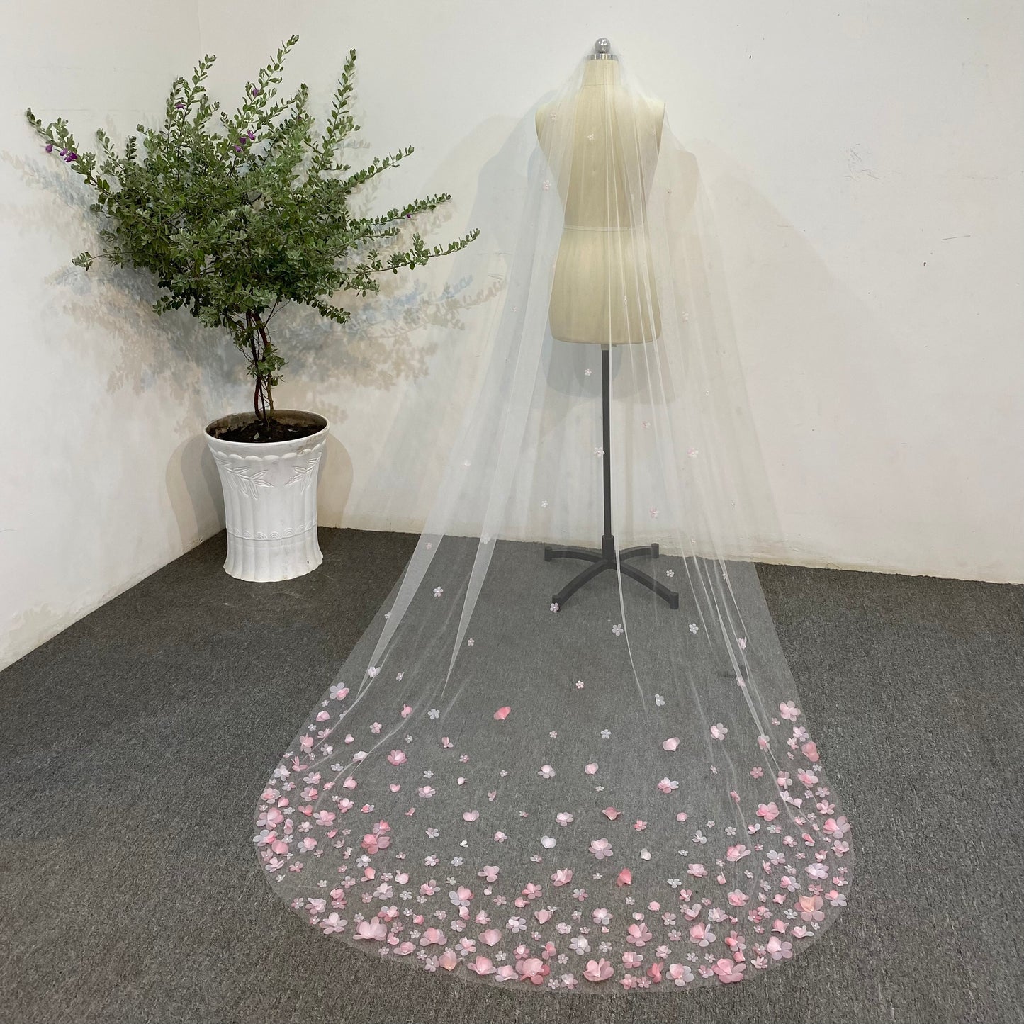 Elegant 3D Pink Flowers Wedding Veil – Handmade Bridal Accessory-Chapel Length