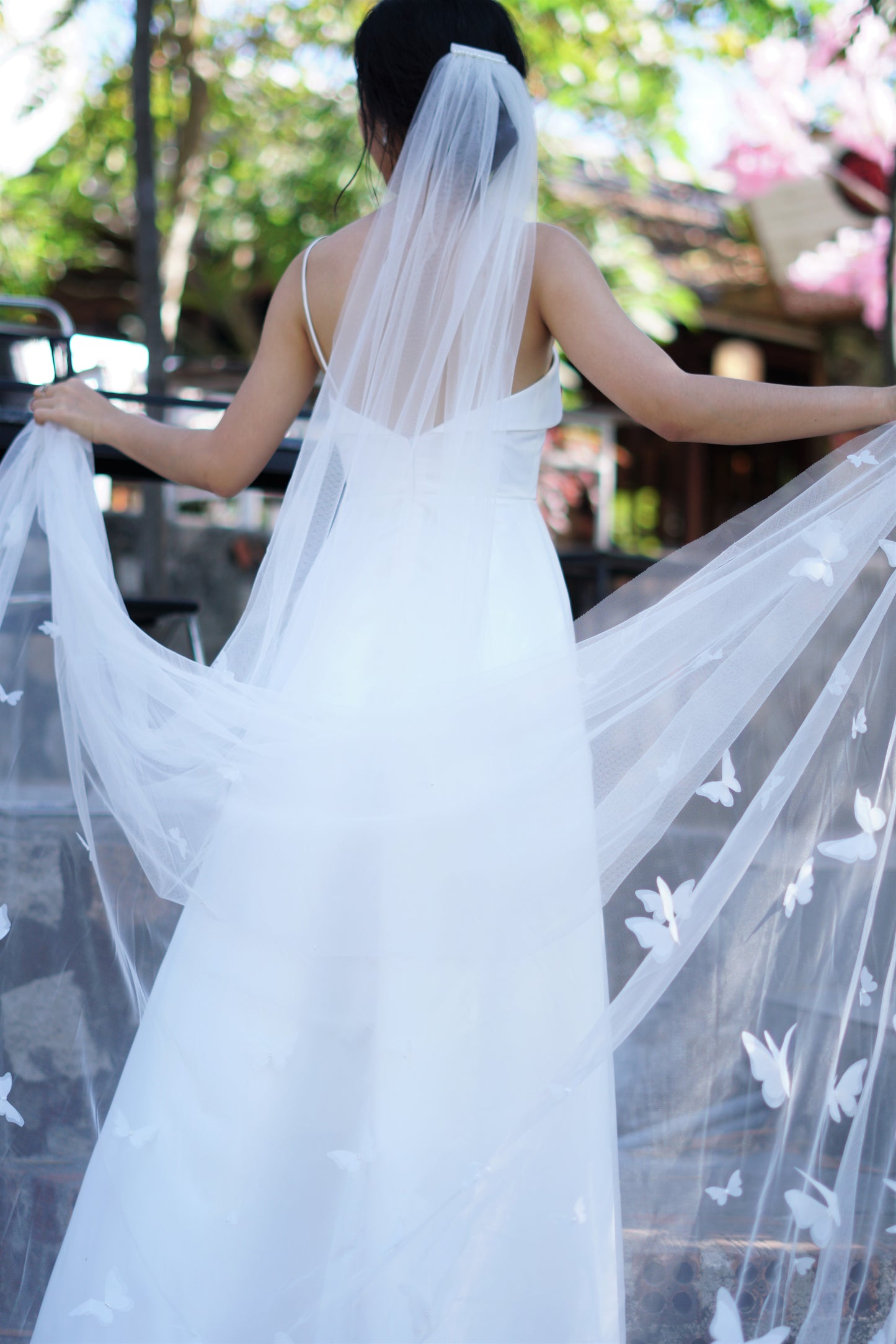 Wedding Veil with 3D White Butterflies | Elegant Handmade Bridal Veil | Chapel Length