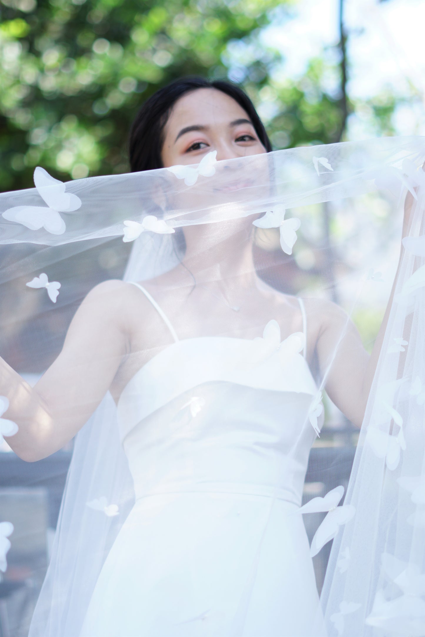Wedding Veil with 3D White Butterflies | Elegant Handmade Bridal Veil | Chapel Length