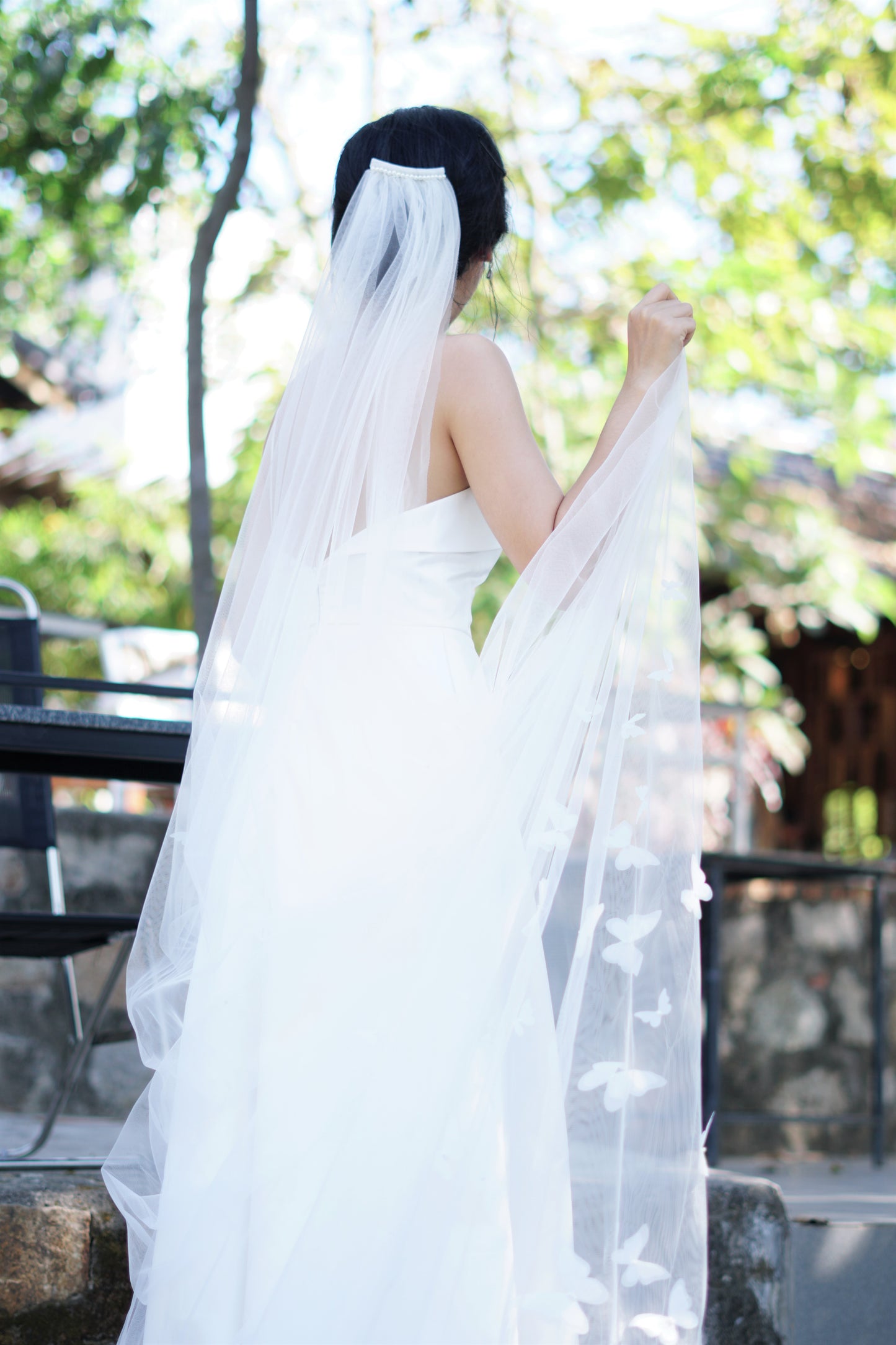 Wedding Veil with 3D White Butterflies | Elegant Handmade Bridal Veil | Chapel Length