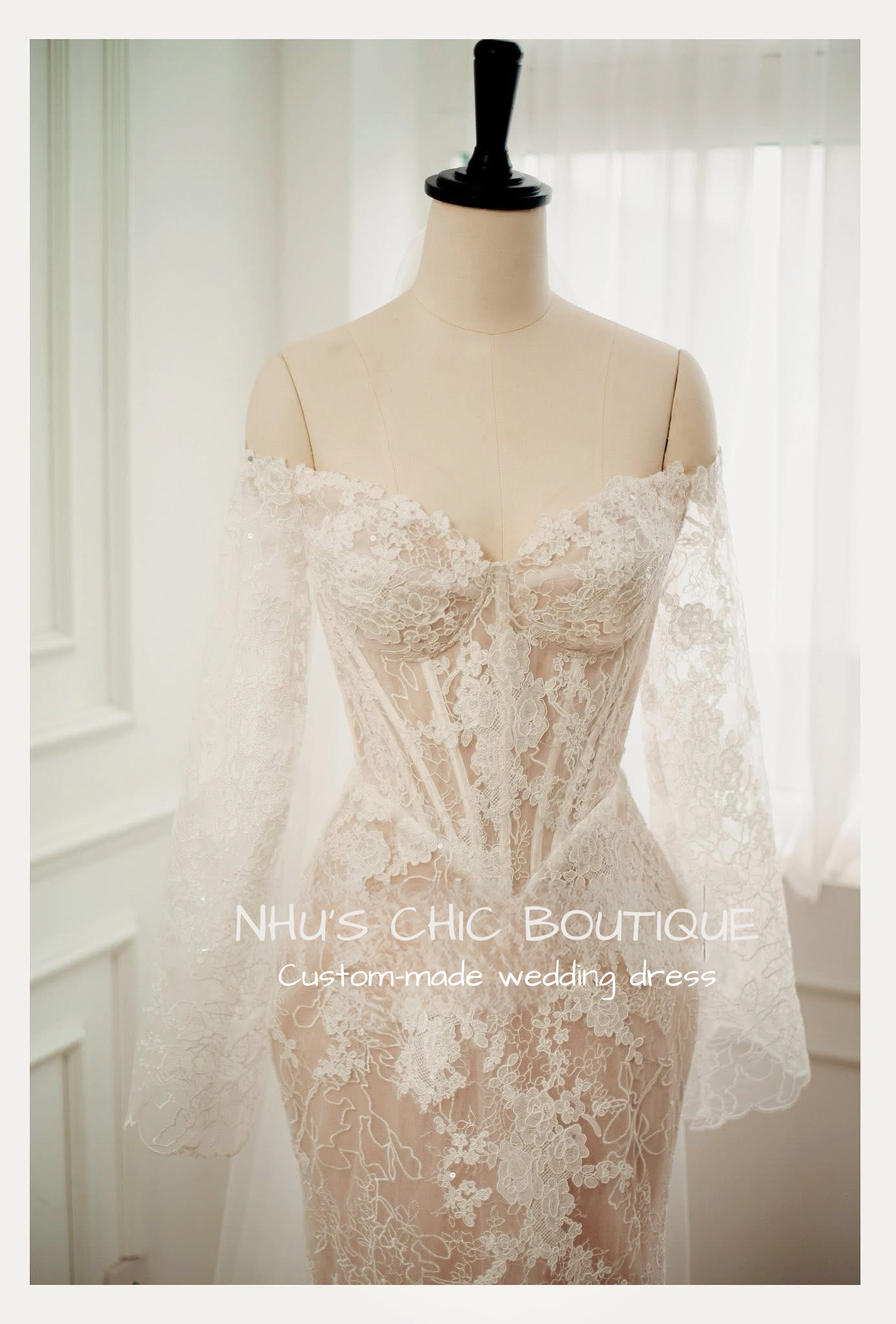 WD020 - Off-Shoulder French Lace Wedding Dress – Custom Made Bridal Gown