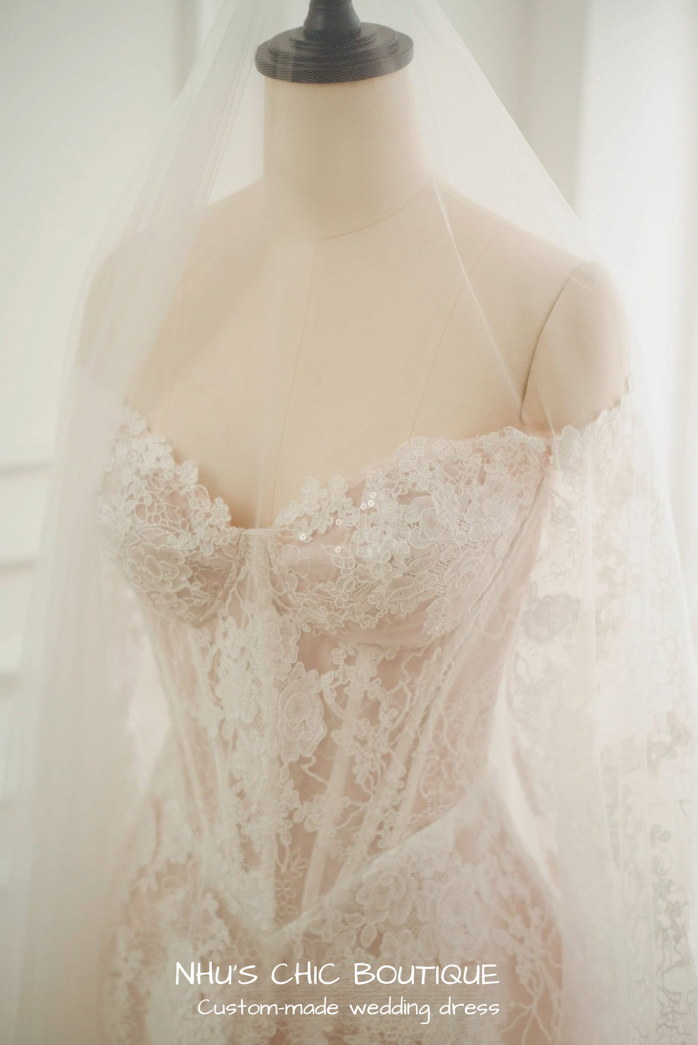 WD020 - Off-Shoulder French Lace Wedding Dress – Custom Made Bridal Gown