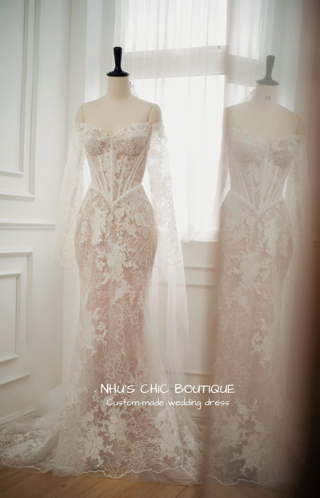 WD020 - Off-Shoulder French Lace Wedding Dress – Custom Made Bridal Gown