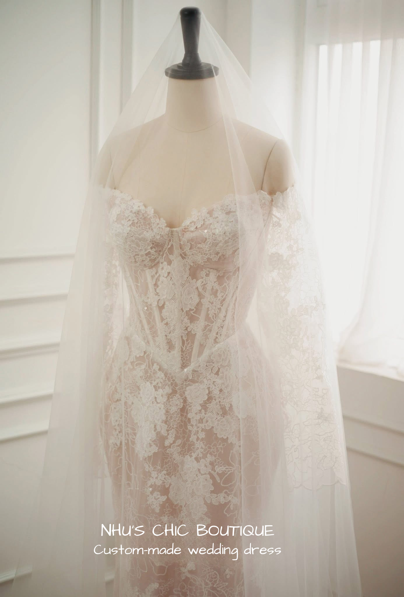 WD020 - Off-Shoulder French Lace Wedding Dress – Custom Made Bridal Gown