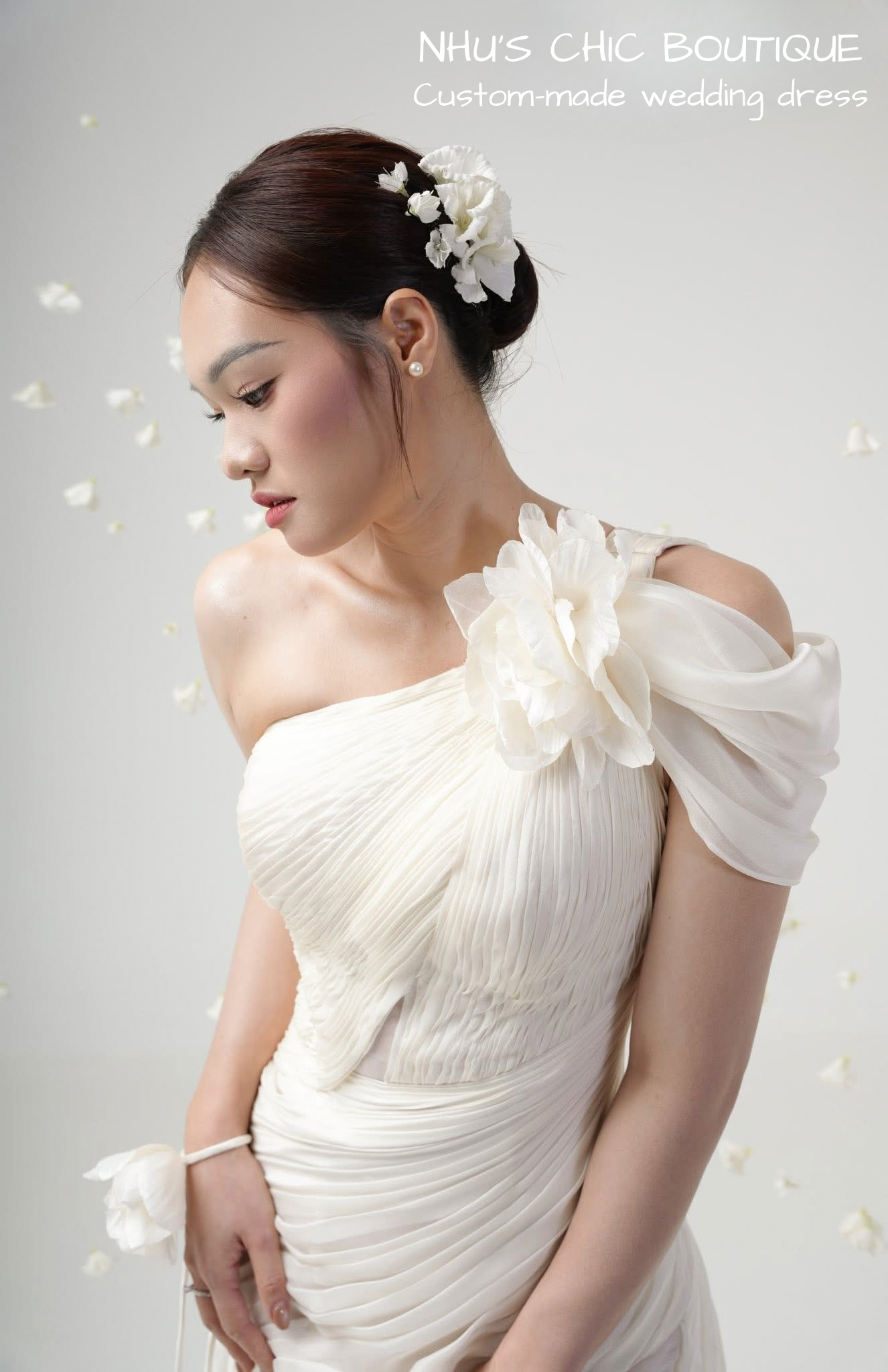 WD021-Elegant One-Shoulder Floral Chiffon Wedding Dress – Custom-Made Bridal Gown