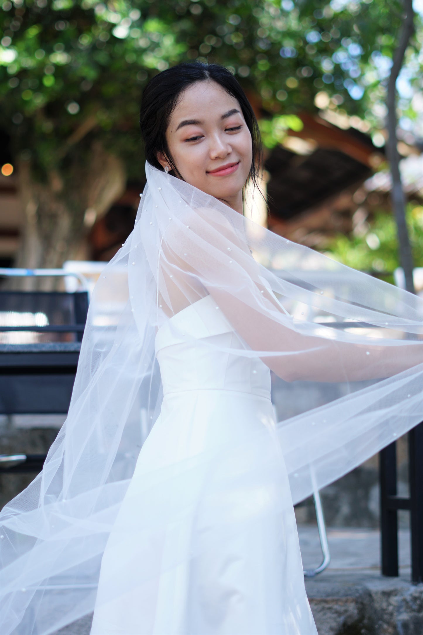 Pearl Bridal Wedding Veil | Elegant Veil with Pearls | Chapel Length