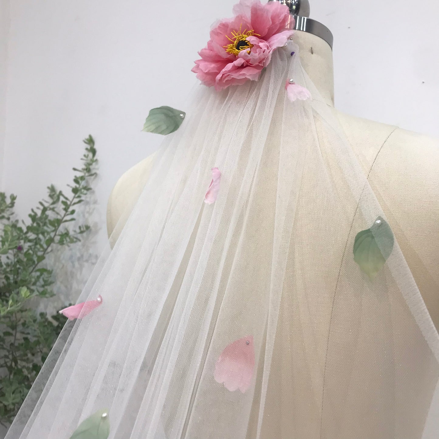 Peony Wedding Bridal Veil | Elegant Floral Veil with Peony Accents | Cathedral Length