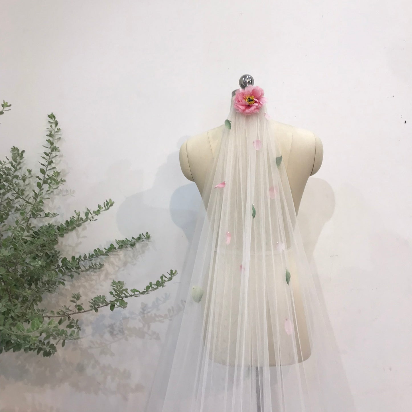 Peony Wedding Bridal Veil | Elegant Floral Veil with Peony Accents | Cathedral Length