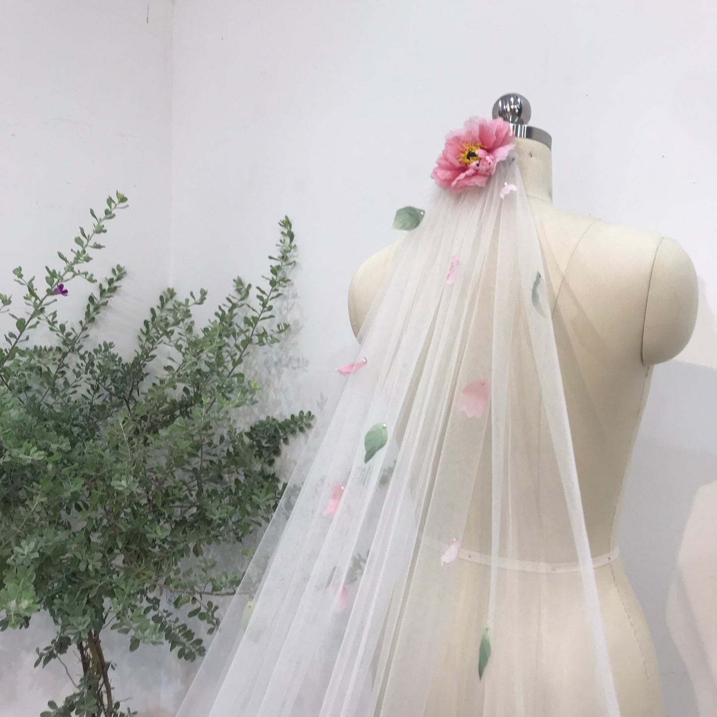 Peony Wedding Bridal Veil | Elegant Floral Veil with Peony Accents | Cathedral Length