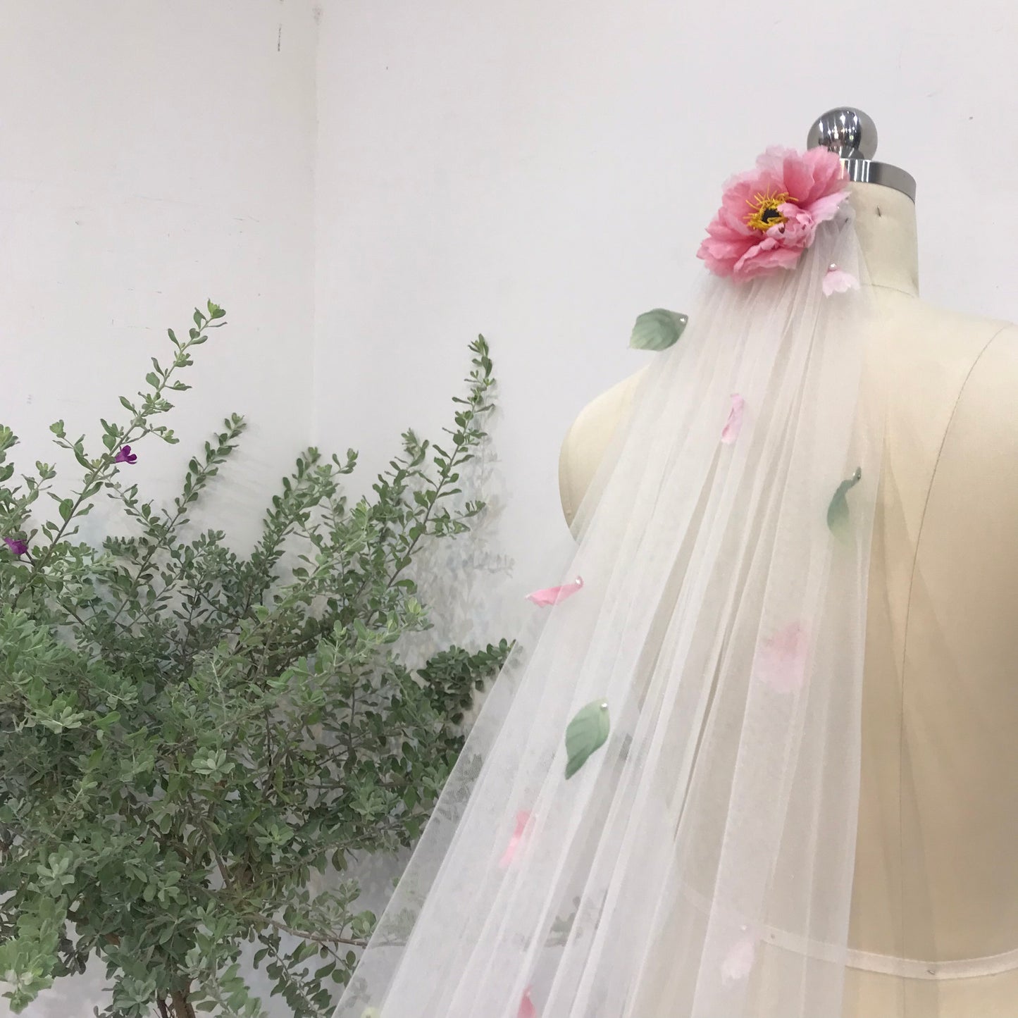 Peony Wedding Bridal Veil | Elegant Floral Veil with Peony Accents | Cathedral Length