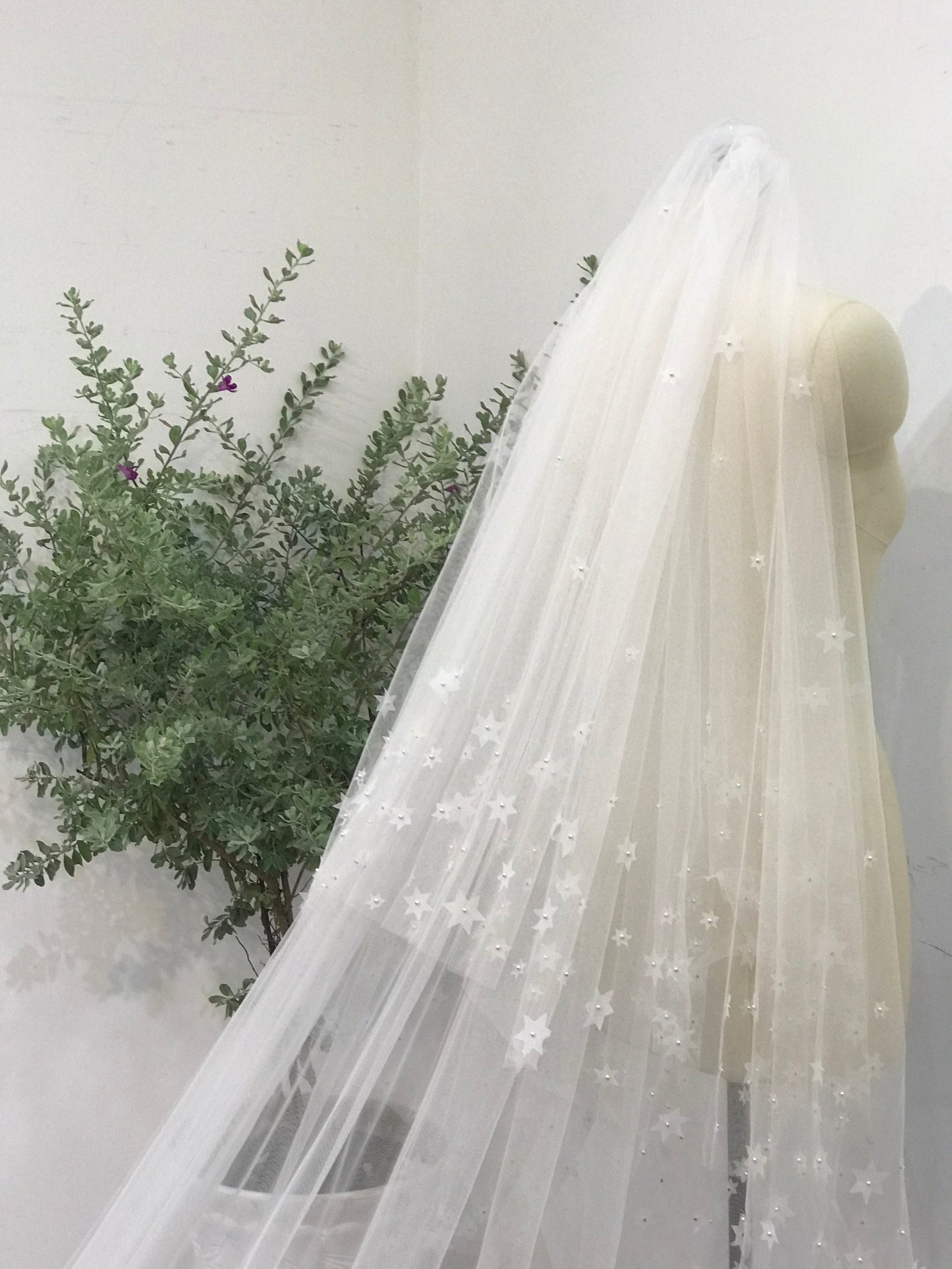 Starry Wedding Veil | Celestial Bridal Veil with Star Accents | Cathedral Length