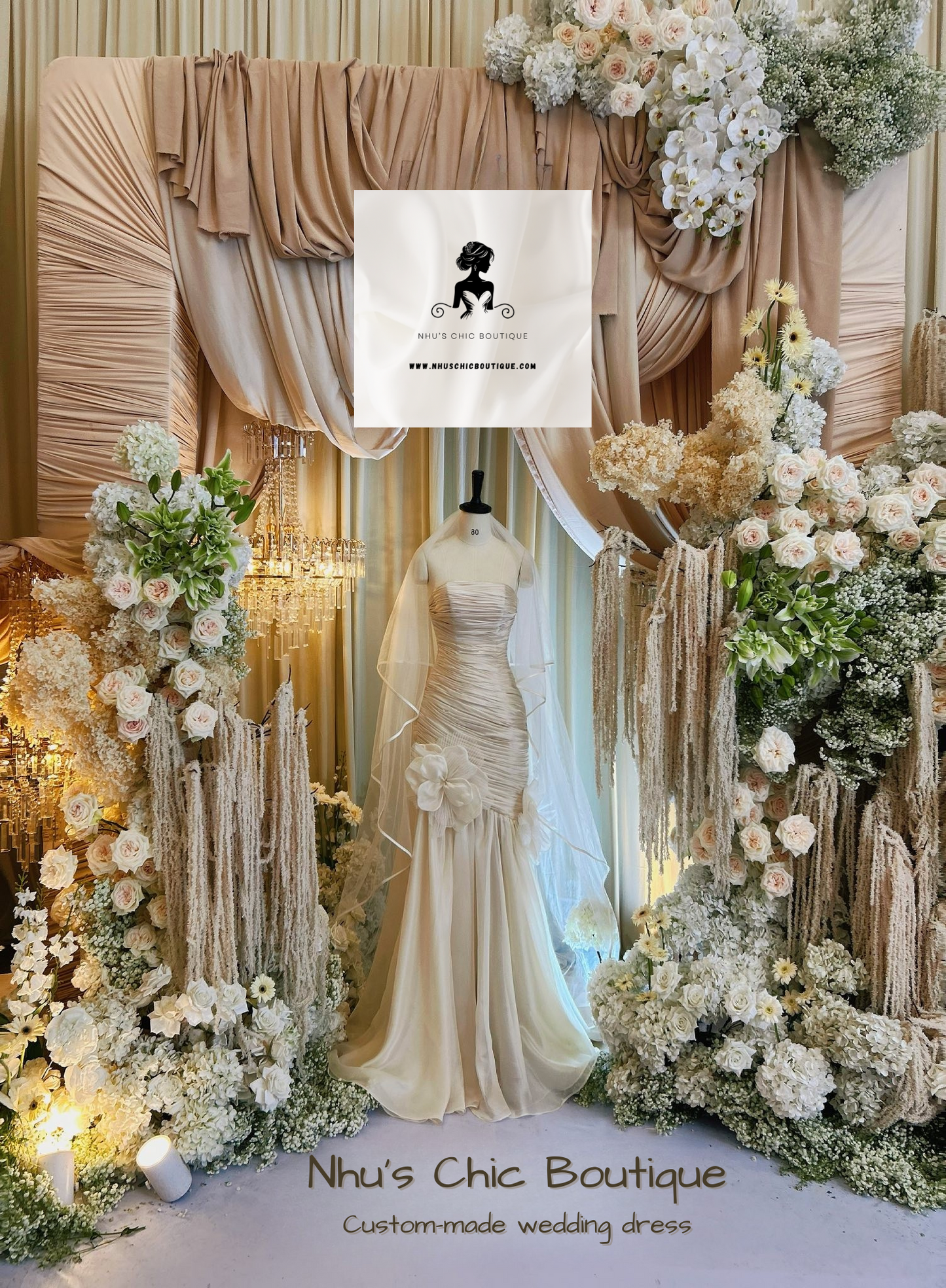 WD016-Blossom Draping Gown – Ruched Mermaid Wedding Dress with Floral Detail and Soft Tulle Train