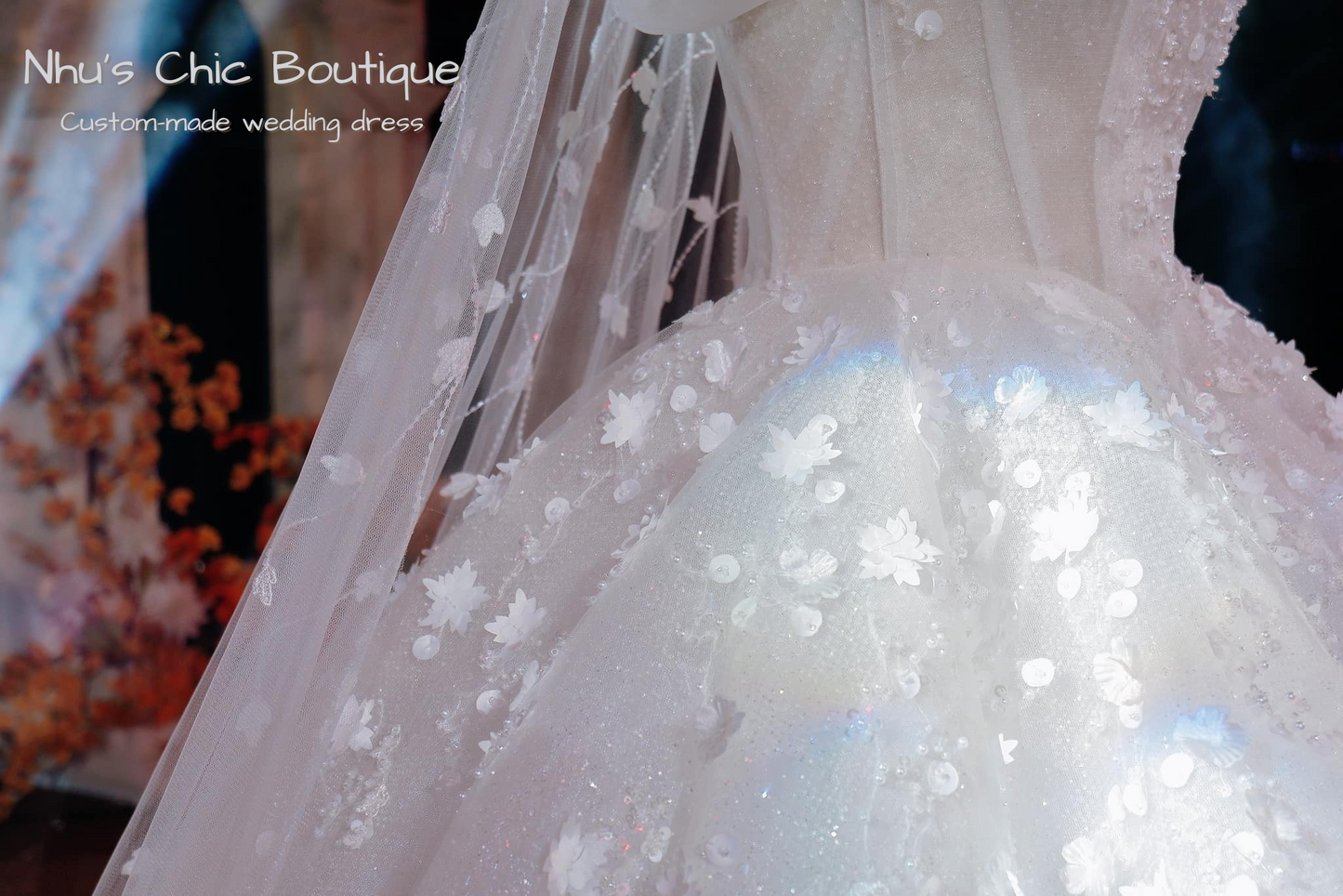 WD018 - Sparkling Off-Shoulder Ball Gown Wedding Dress with 3D Floral Appliqués