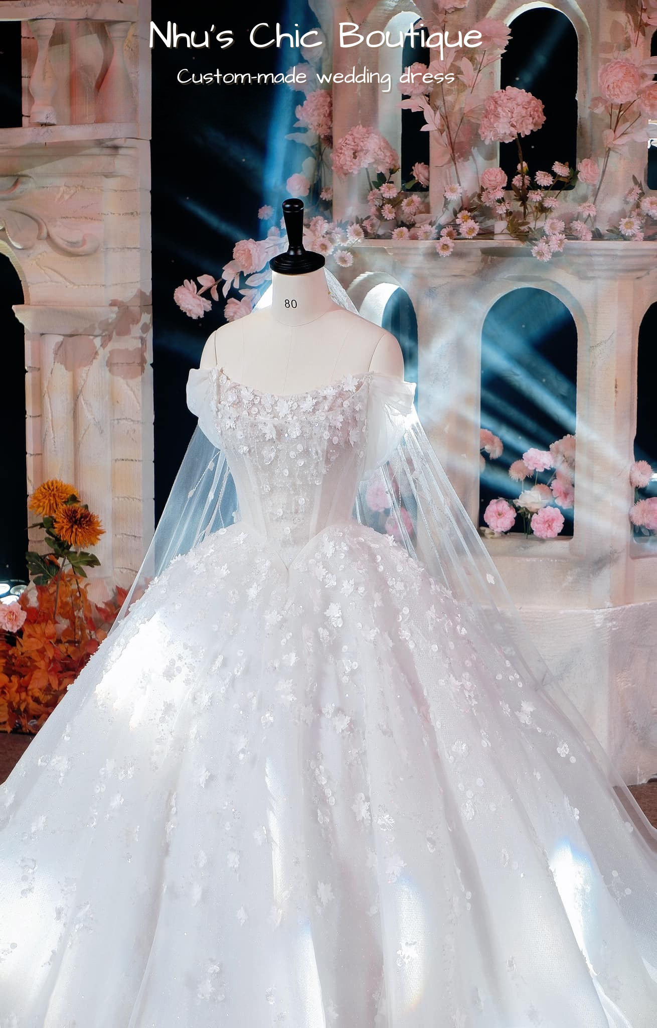 WD018 - Sparkling Off-Shoulder Ball Gown Wedding Dress with 3D Floral Appliqués