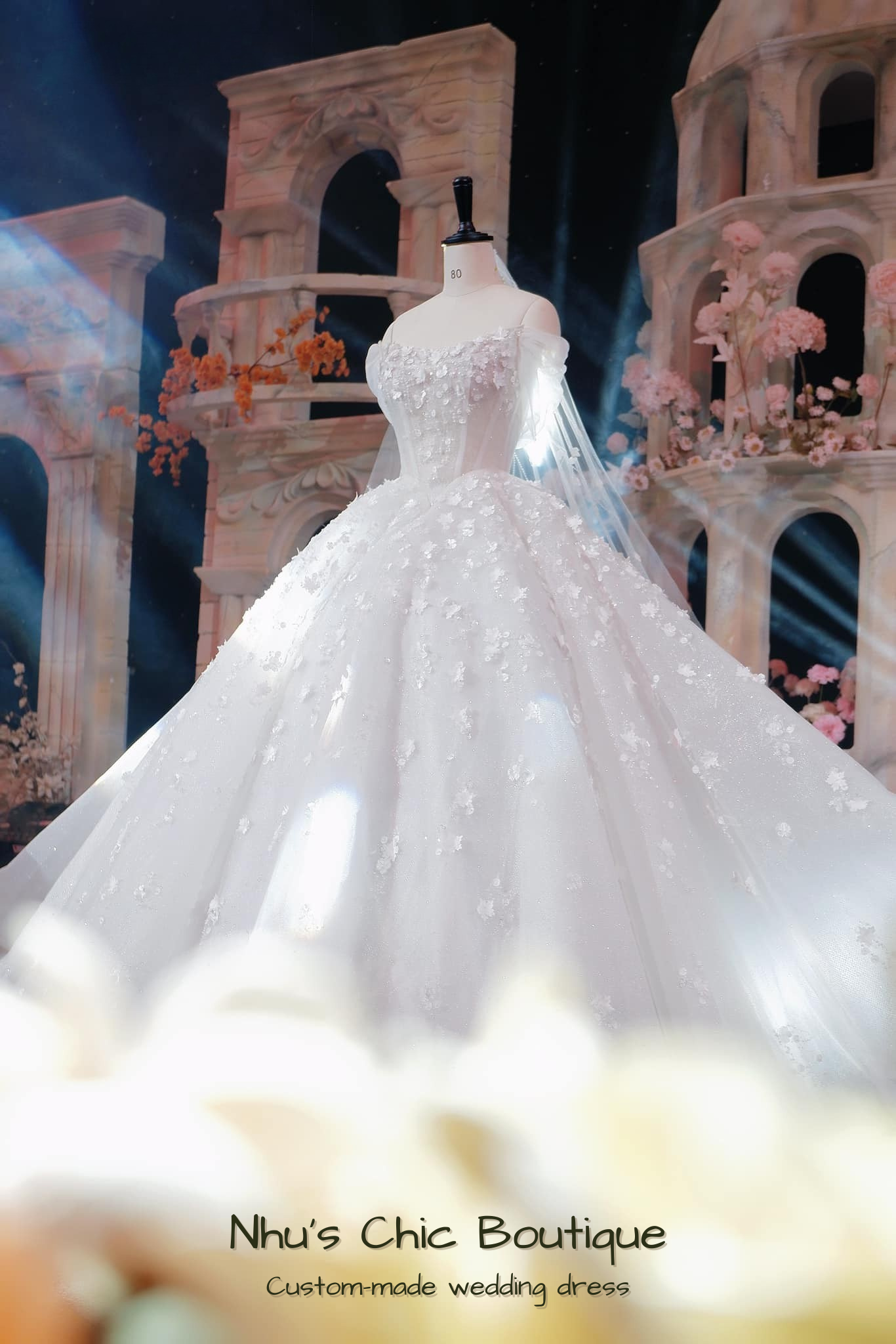 WD018 - Sparkling Off-Shoulder Ball Gown Wedding Dress with 3D Floral Appliqués