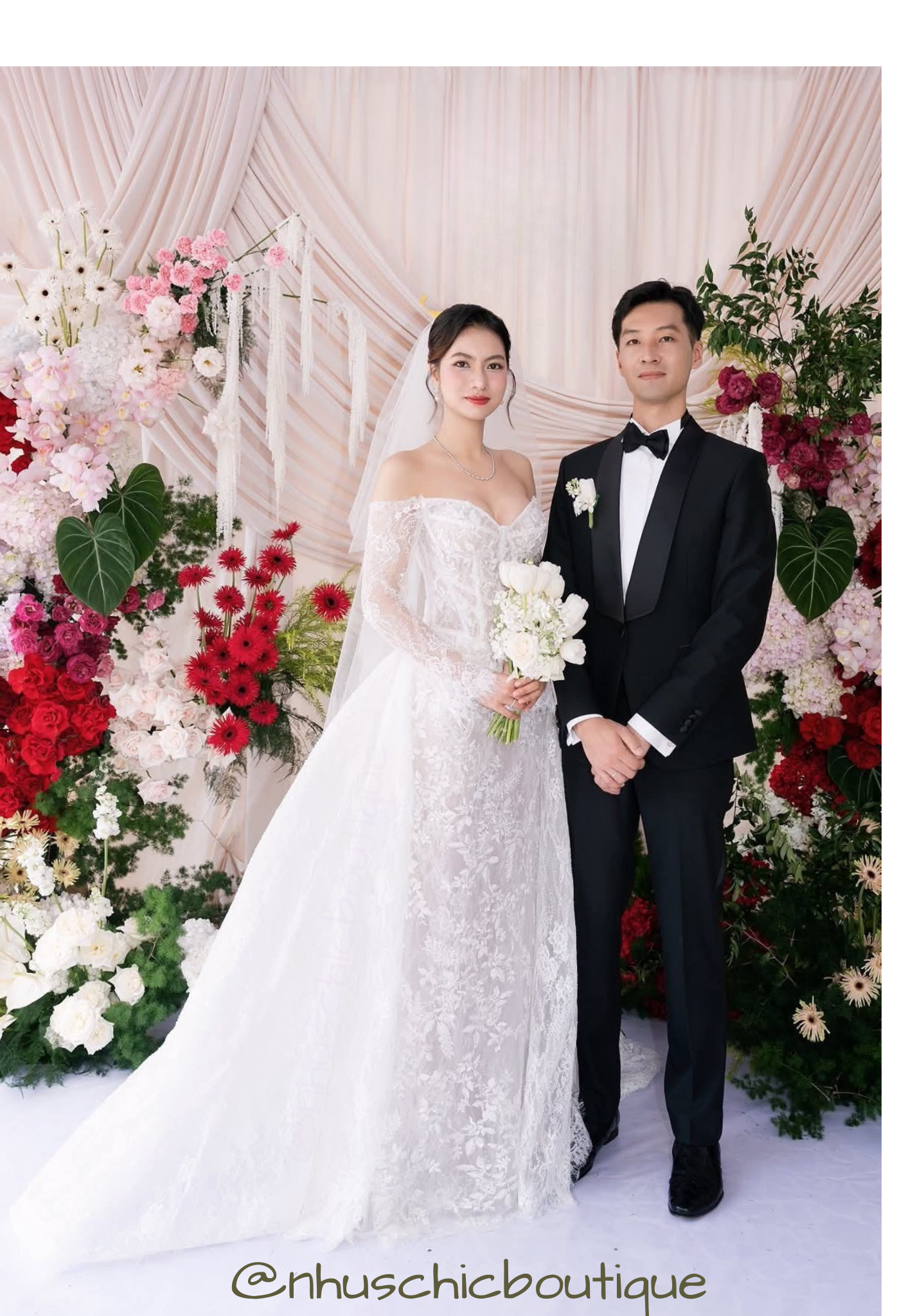 Full-length view of the "Yume-Hana" dress with a grand detachable cathedral overskirt.