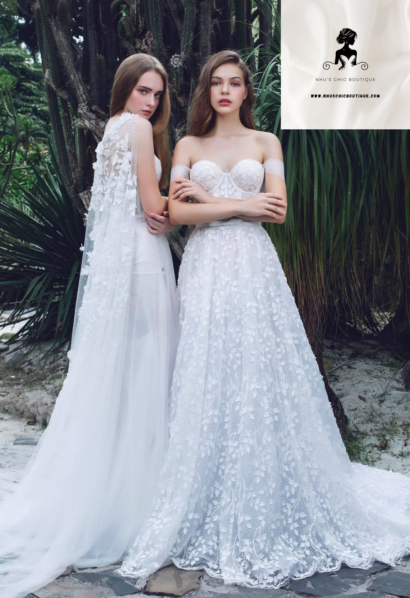WD022-Off-Shoulder 3D Floral Lace Wedding Dress with Slit & Detachable Cape