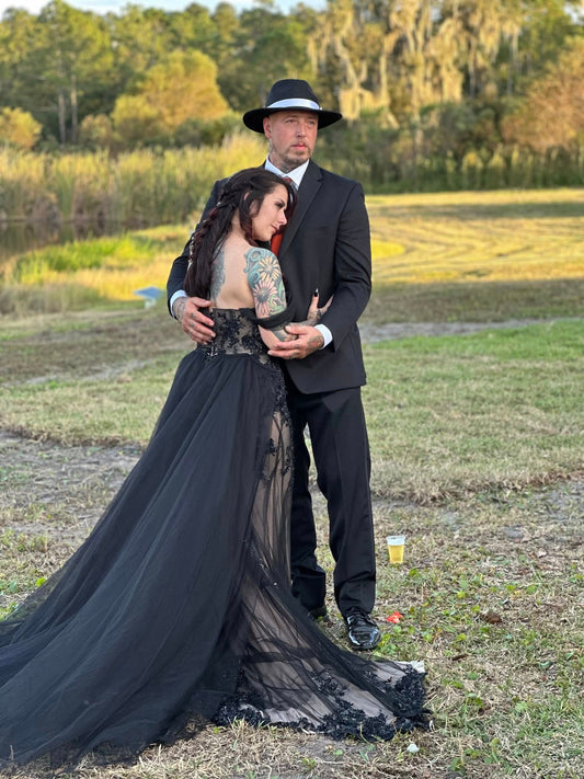 Custom black mermaid wedding dress with detachable train designed by Nhu’s Chic Boutique for a Halloween wedding