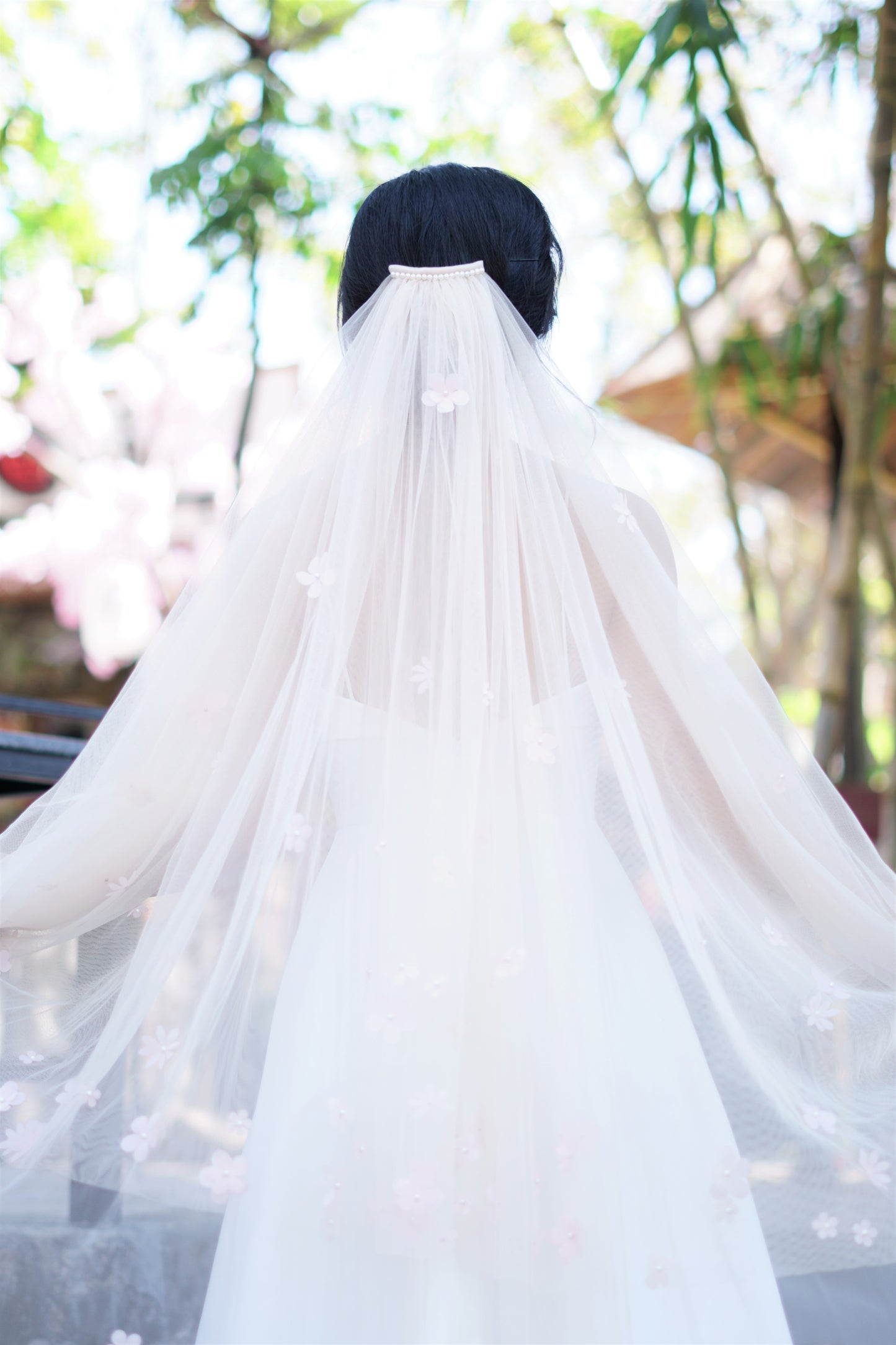 2-Layer White Wedding Veil with Pink Flowers