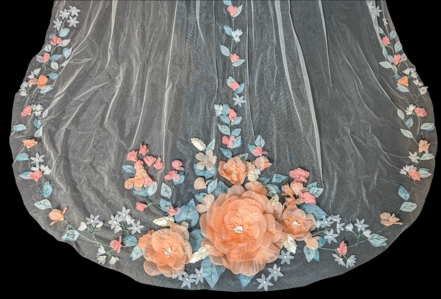 3D Coral Floral Wedding Veil | Handmade Bridal Veil with Coral Flowers | Spring Wedding Accessory| Chapel Length