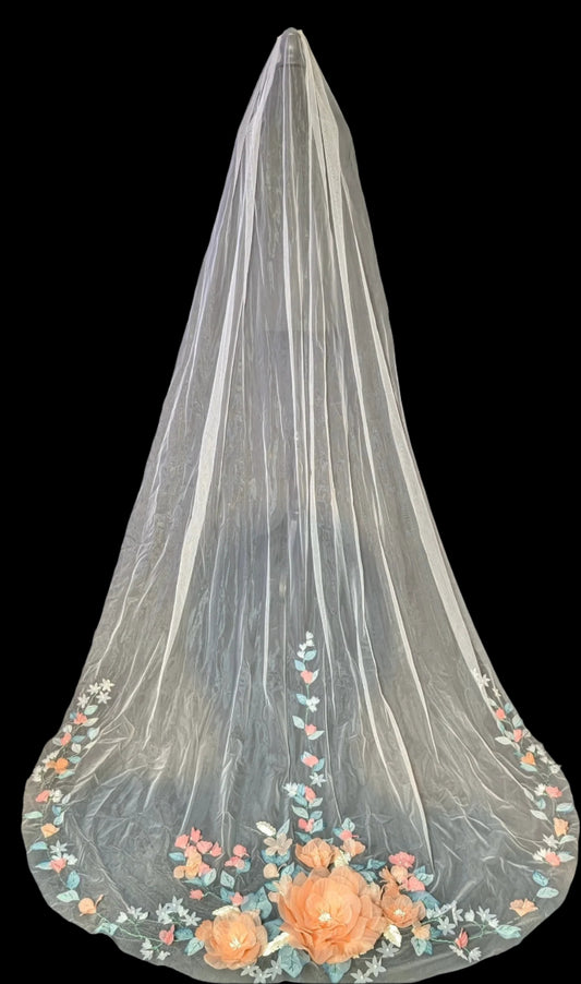 3D Coral Floral Wedding Veil | Best Handmade Bridal Veil with Coral Flowers | Spring Wedding Accessory| Chapel Length