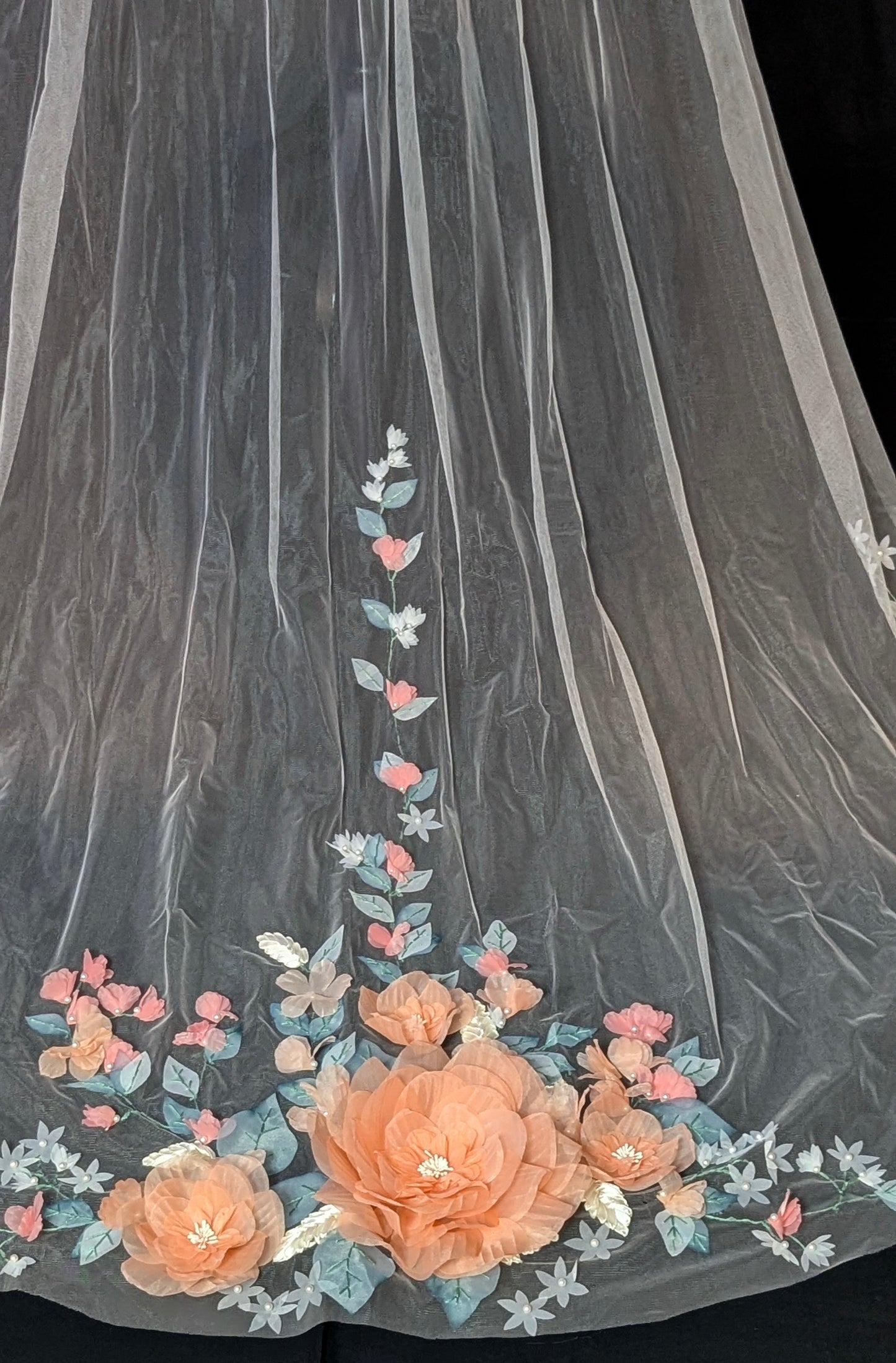 3D Coral Floral Wedding Veil | Handmade Bridal Veil with Coral Flowers | Spring Wedding Accessory| Chapel Length