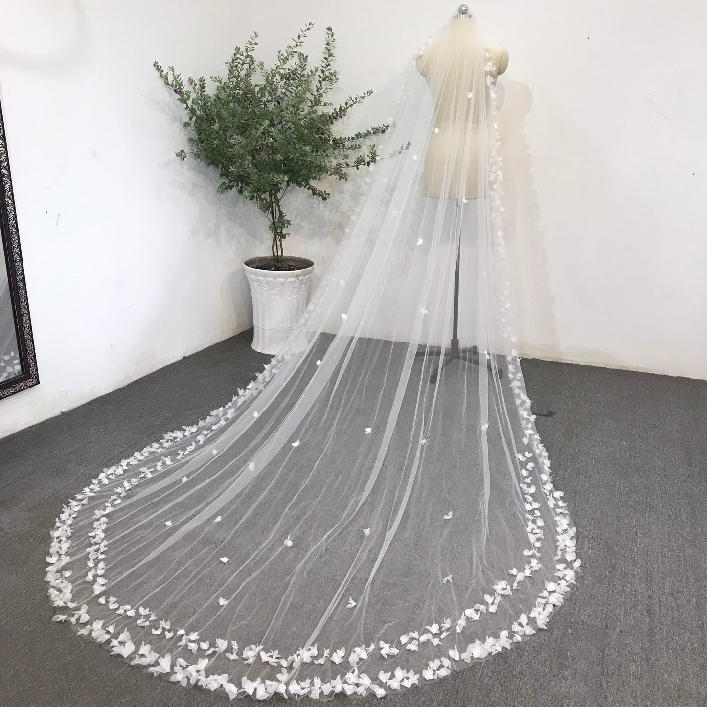 Cathedral Length Wedding Veil with 3D White Flower Buds | Elegant Bridal Veil