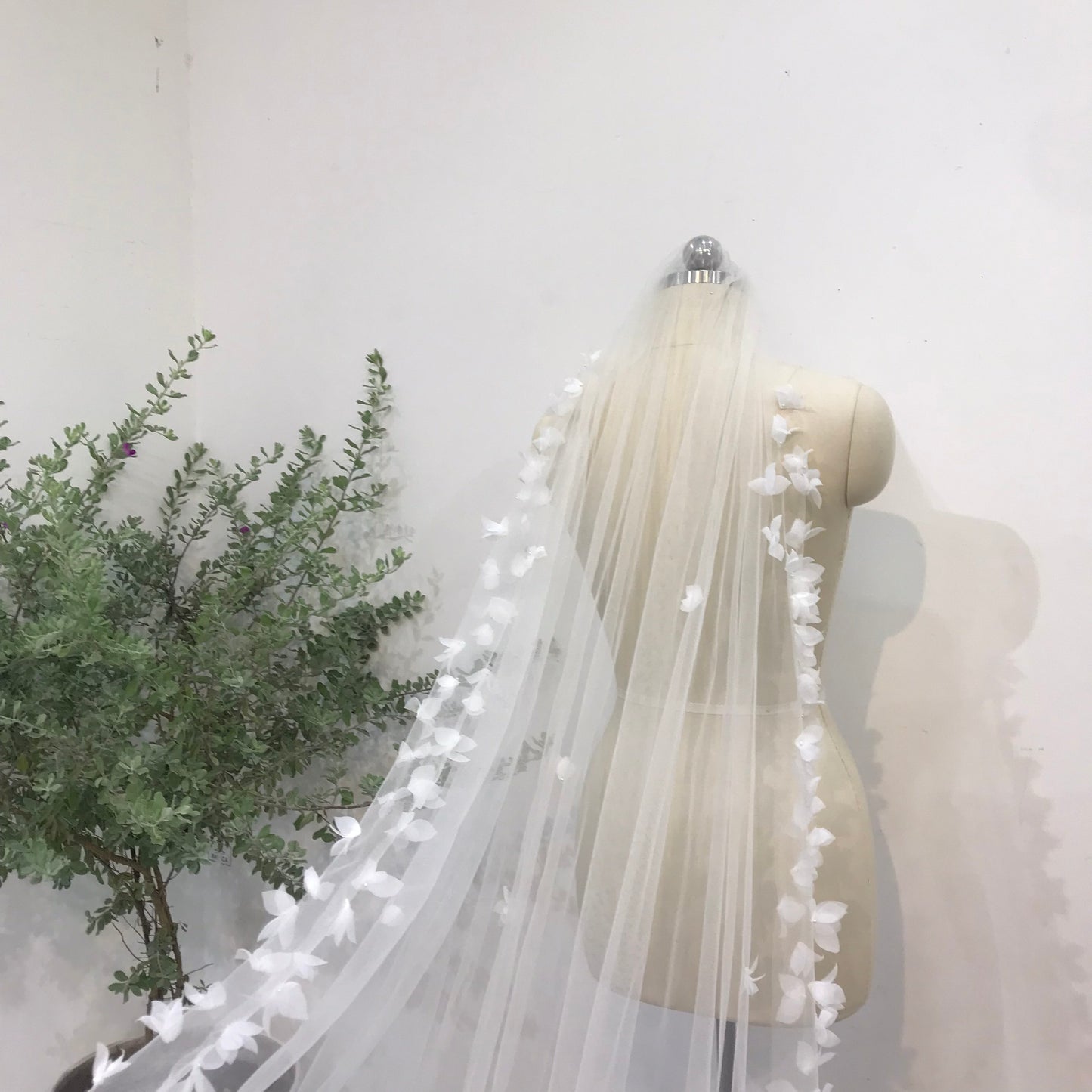 Cathedral Length Wedding Veil with 3D White Flower Buds | Elegant Bridal Veil