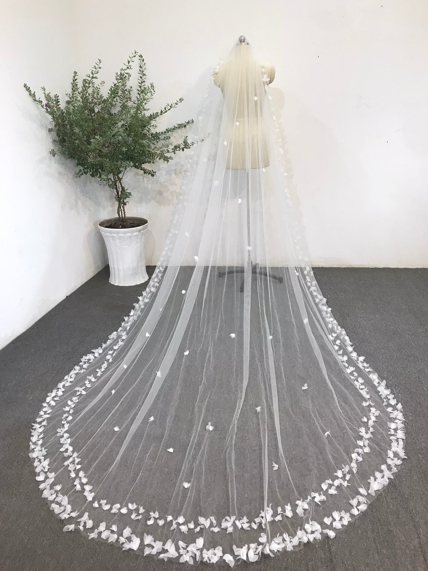 Cathedral Length Wedding Veil with 3D White Flower Buds | Elegant Bridal Veil