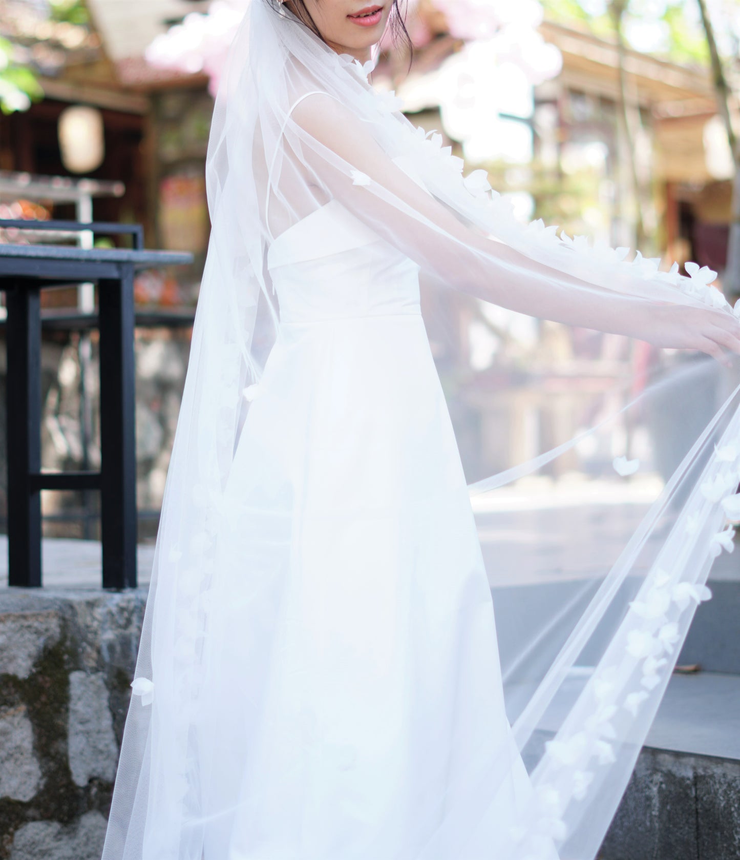 Cathedral Length Wedding Veil with 3D White Flower Buds | Elegant Bridal Veil