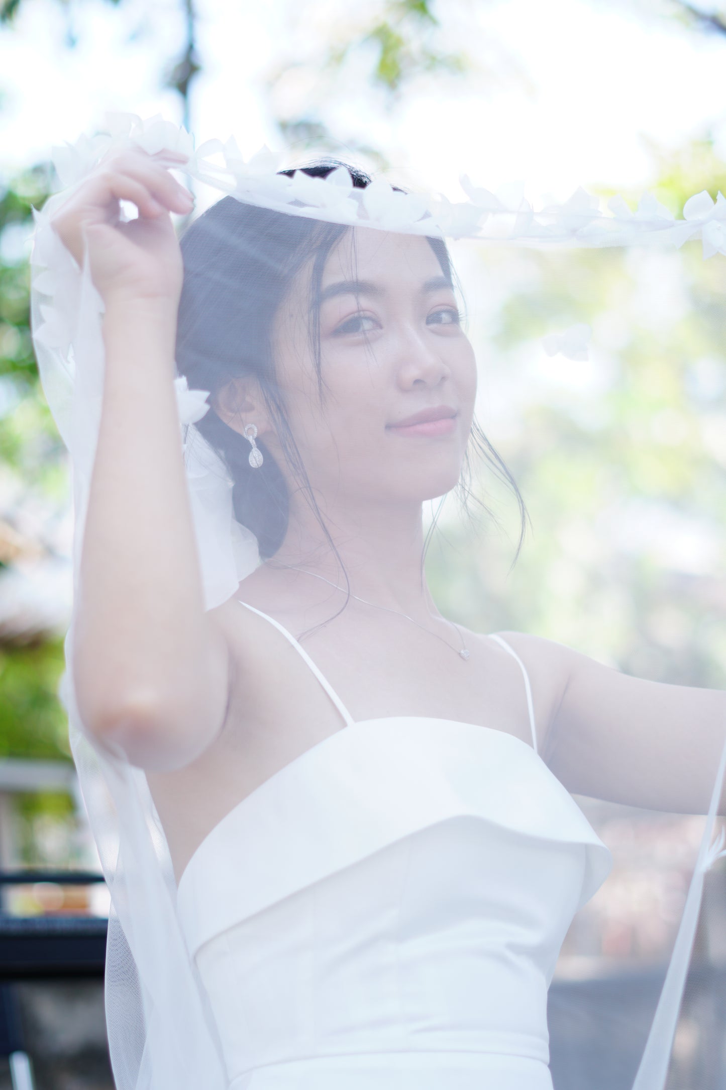 Cathedral Length Wedding Veil with 3D White Flower Buds | Elegant Bridal Veil