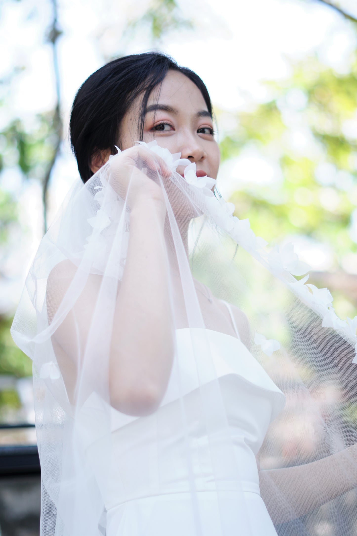 Cathedral Length Wedding Veil with 3D White Flower Buds | Elegant Bridal Veil