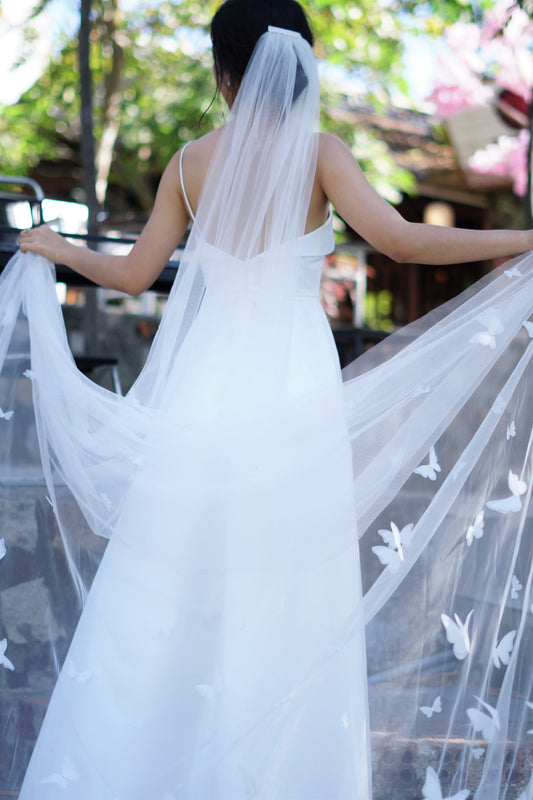 Wedding Veil with 3D White Butterflies | Elegant Handmade Bridal Veil