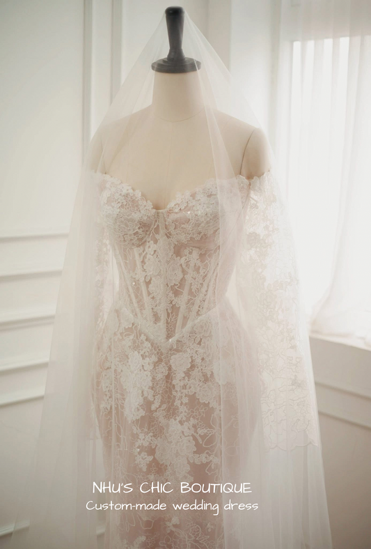 WD020 - Off-Shoulder French Lace Wedding Dress – Custom Made Bridal Gown