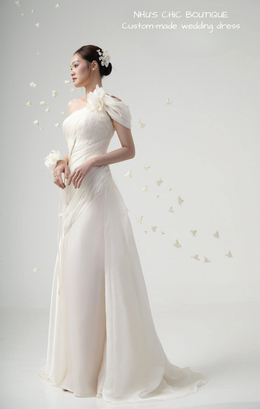 WD021-Elegant One-Shoulder Floral Chiffon Wedding Dress – Custom-Made Bridal Gown