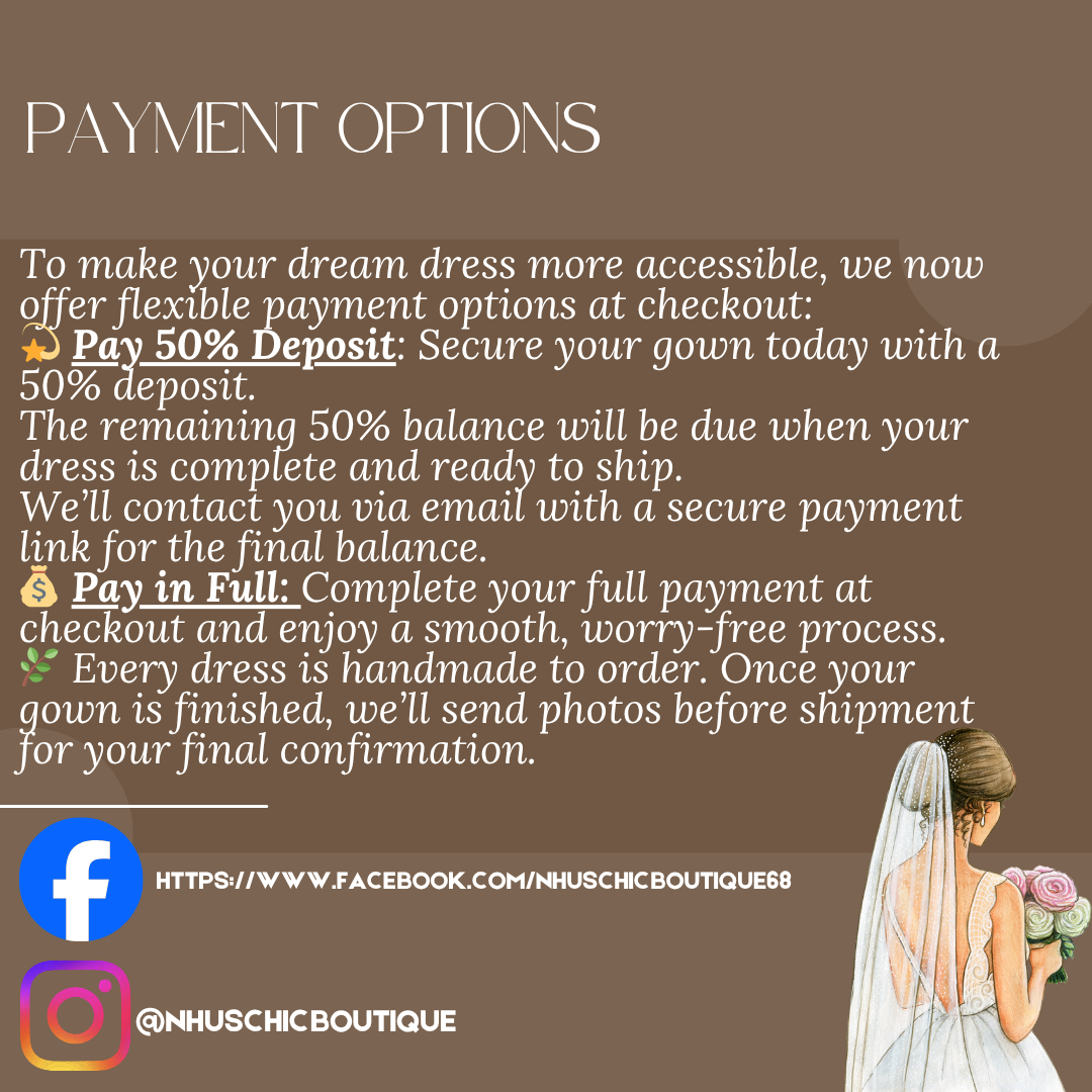 Payment options for a wedding dress with text and a bride holding flowers on a brown background.