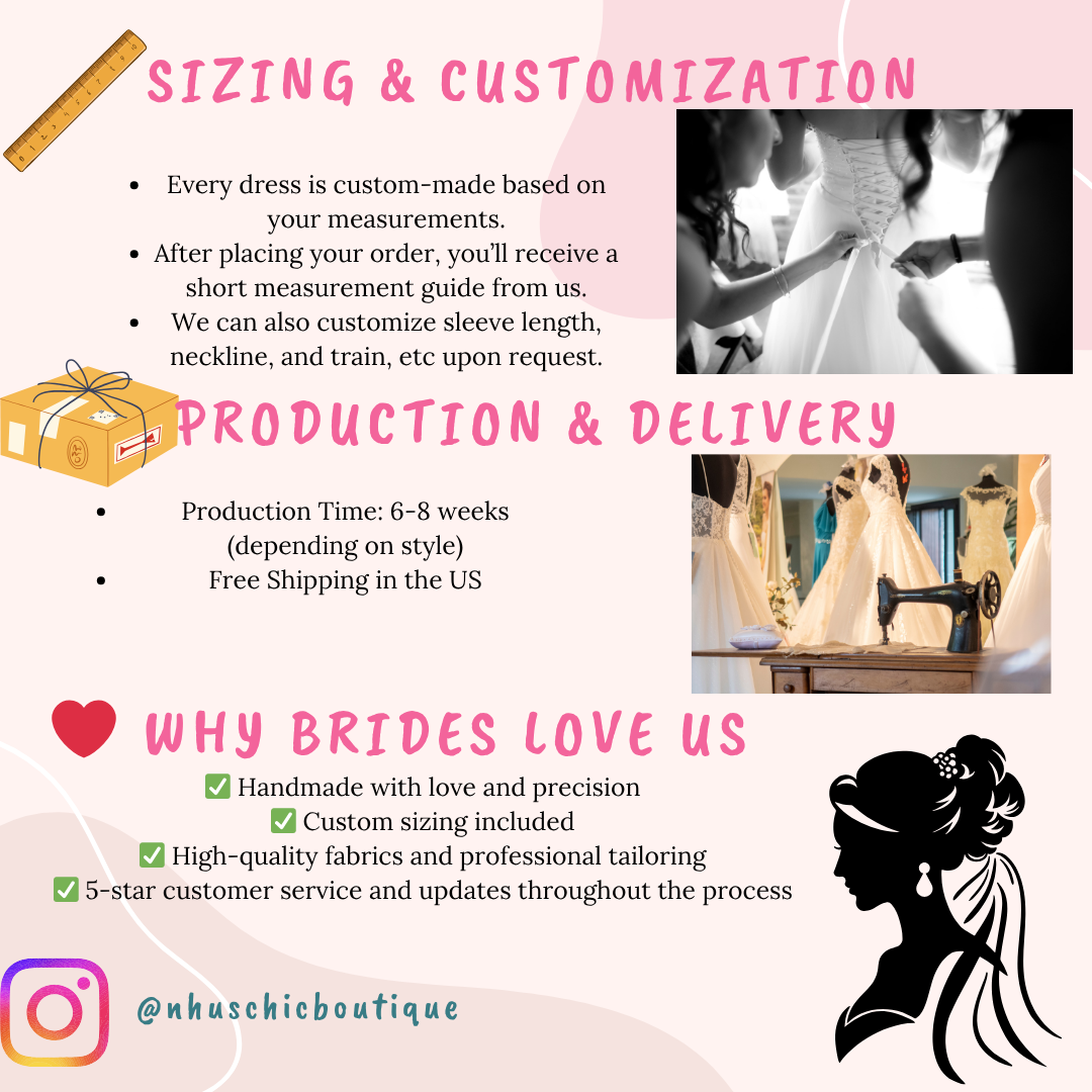 Promotional graphic for a dress customization service with text and images of dress measurement and production.