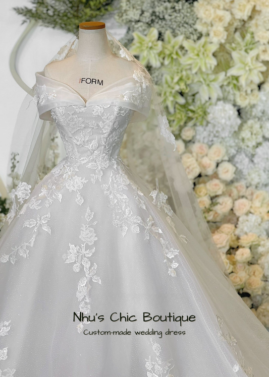 WD017-Elegant Off-Shoulder Lace Wedding Dress | Custom-Made Bridal Gown by Nhu’s Chic Boutique