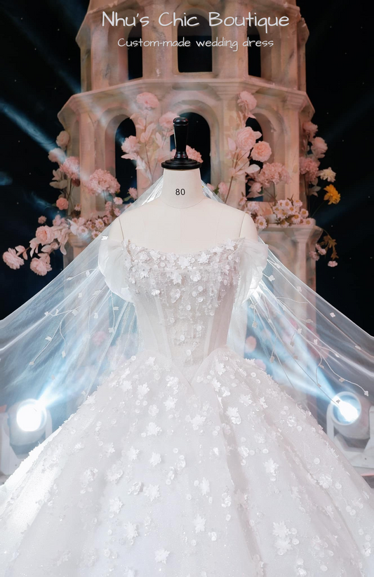 WD018 - Sparkling Off-Shoulder Ball Gown Wedding Dress with 3D Floral Appliqués