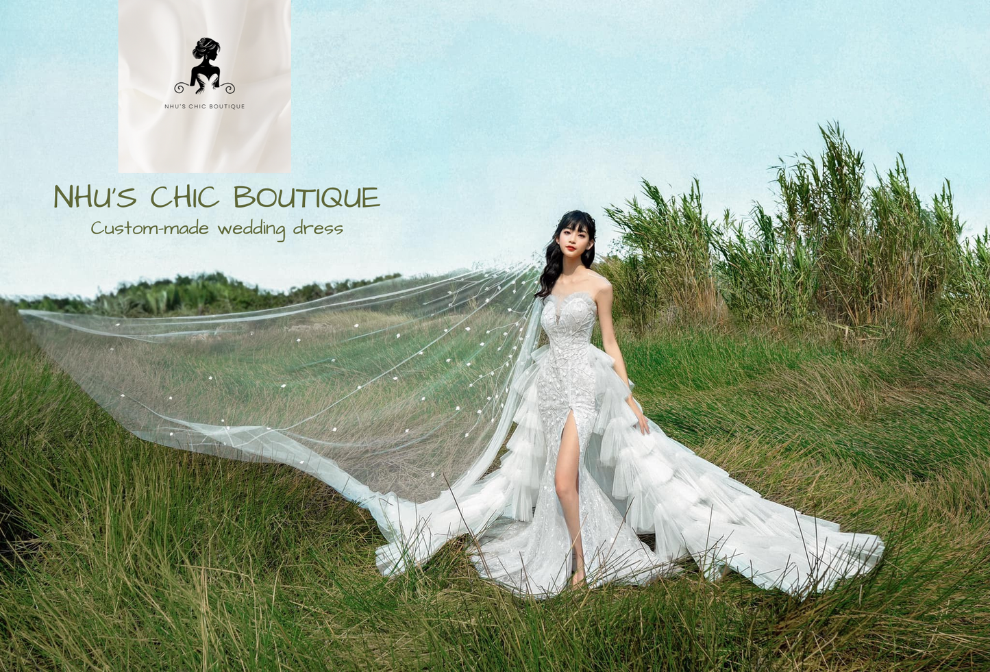WD025-Strapless Couture Wedding Dress with Pearl Veil Train – High-Fashion Bridal Gown
