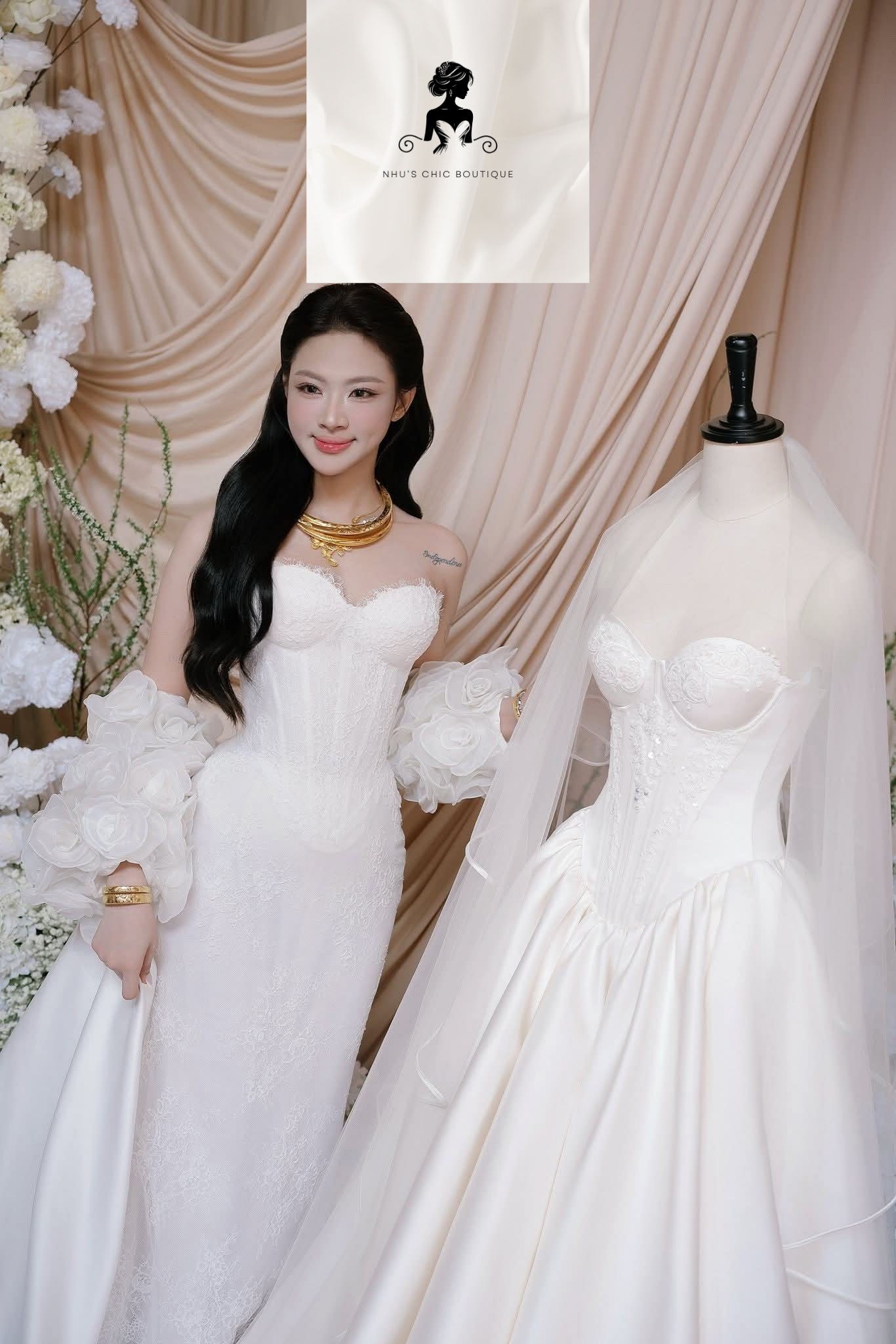 A bride standing next to a bridal mannequin, showcasing two different gown styles. The bride wears a textured corset dress with detachable 3D floral sleeves, while the mannequin displays a classic ballgown with a sweetheart neckline and a delicate tulle veil.
