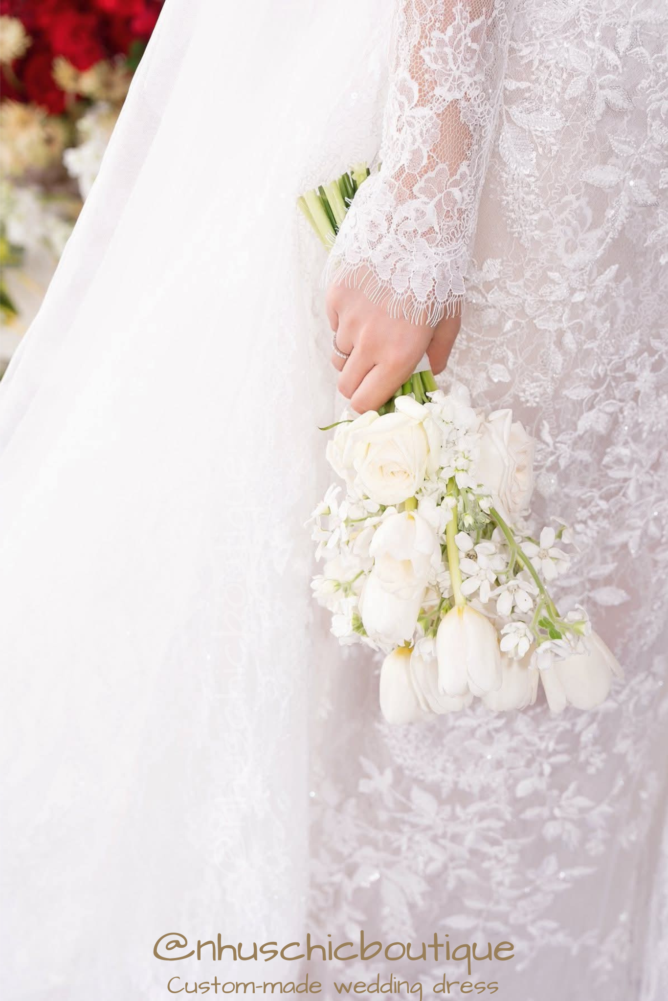 Detail of the delicate "Yume-Hana" floral lace sleeves with eyelash fringe trim.