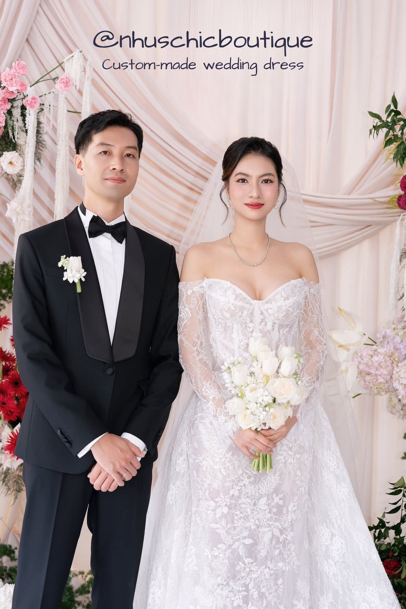 WD049-Yume-Hana Off-Shoulder Lace Wedding Dress – Custom 2-in-1 Bridal Gown with Detachable Overskirt